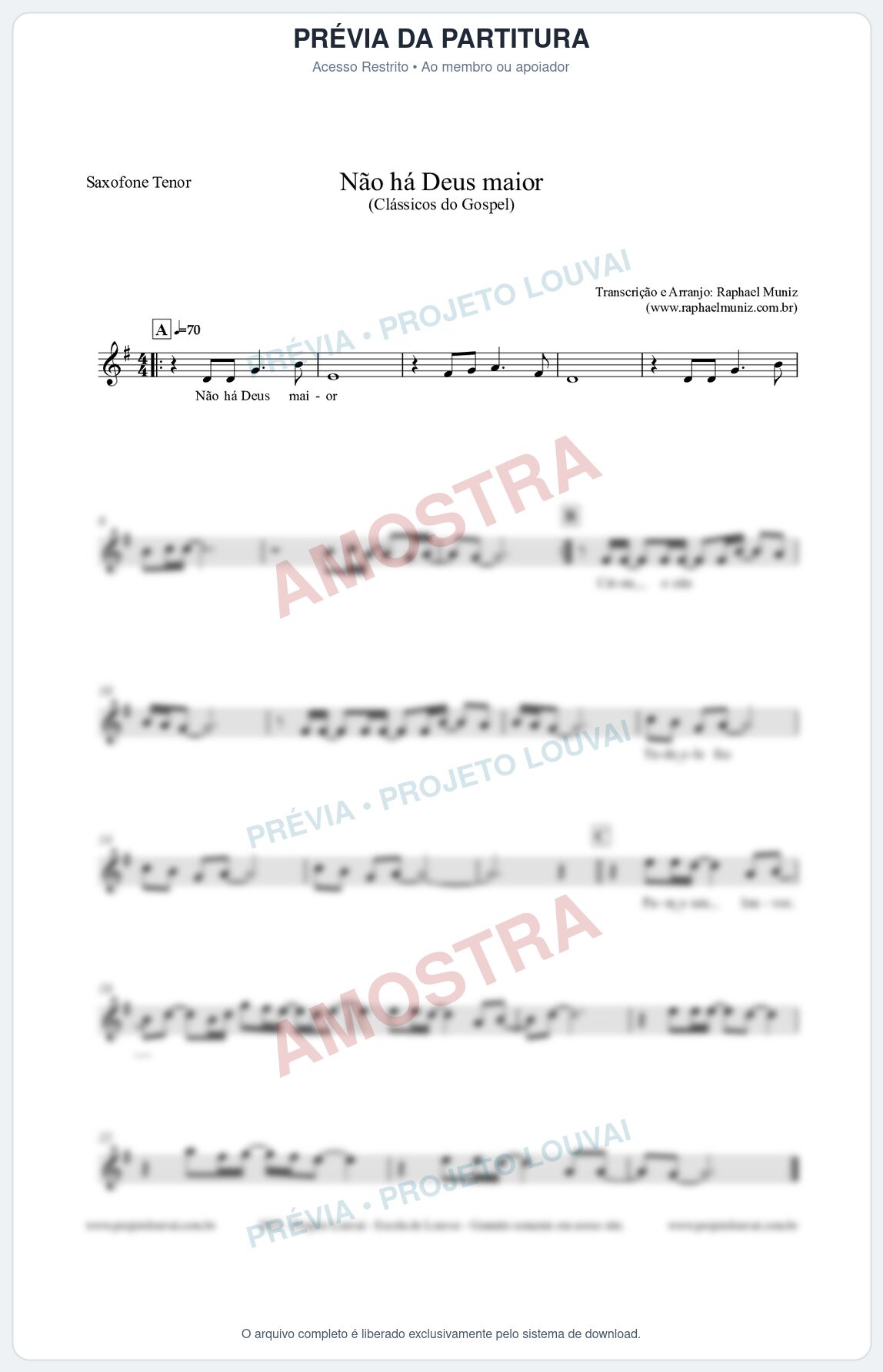 Prévia protegida da primeira página da partitura Partitura para Saxofone Tenor - Não há Deus maior - Clássicos do Gospel