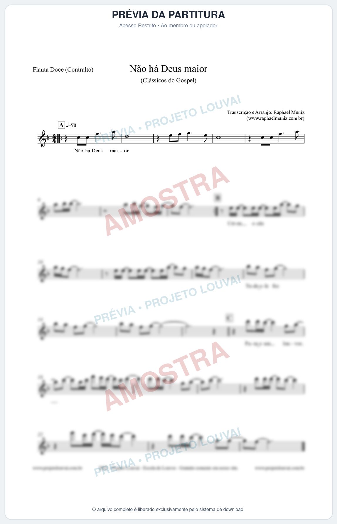 Prévia protegida da primeira página da partitura Partitura para Flauta Doce (Contralto) - Não há Deus maior - Clássicos do Gospel