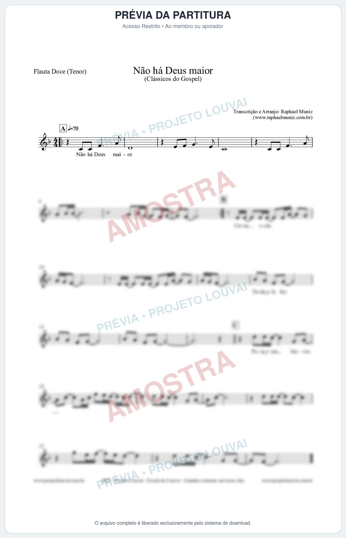 Prévia protegida da primeira página da partitura Partitura para Flauta Doce (Tenor) - Não há Deus maior - Clássicos do Gospel