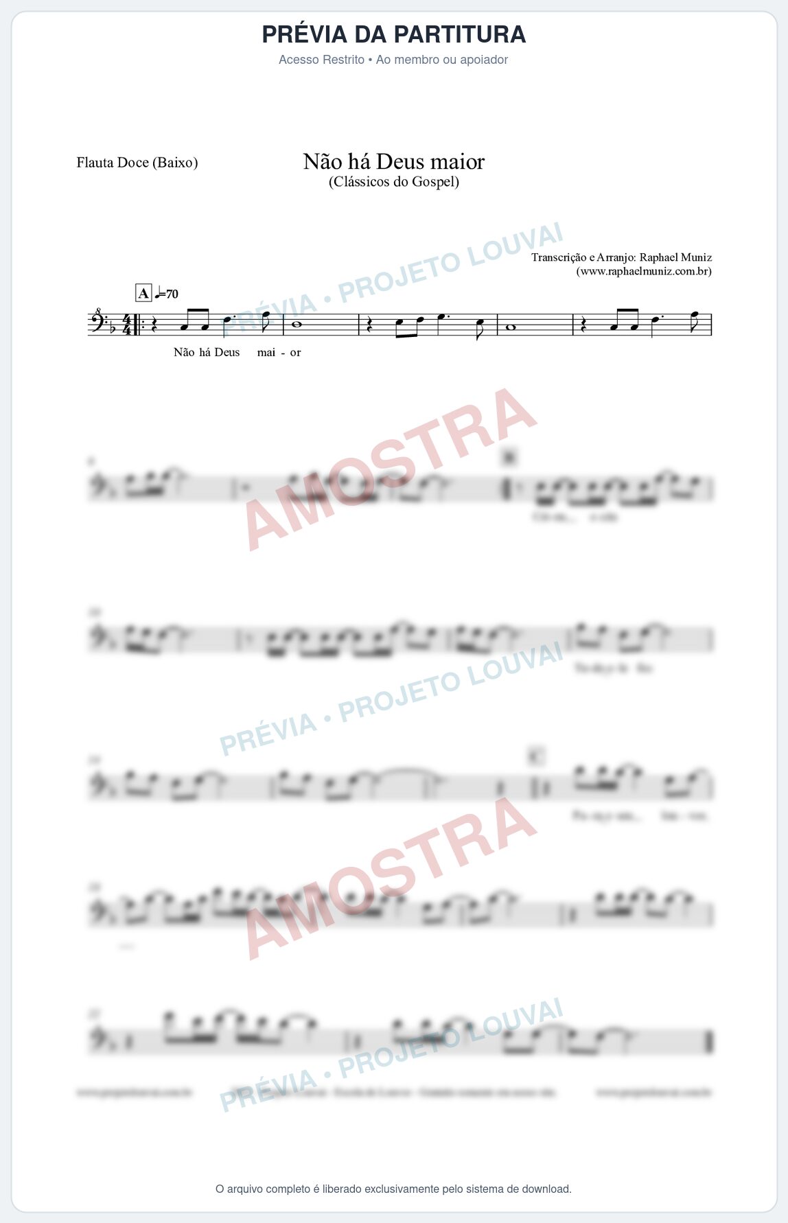 Prévia protegida da primeira página da partitura Partitura para Flauta Doce (Baixo) - Não há Deus maior - Clássicos do Gospel