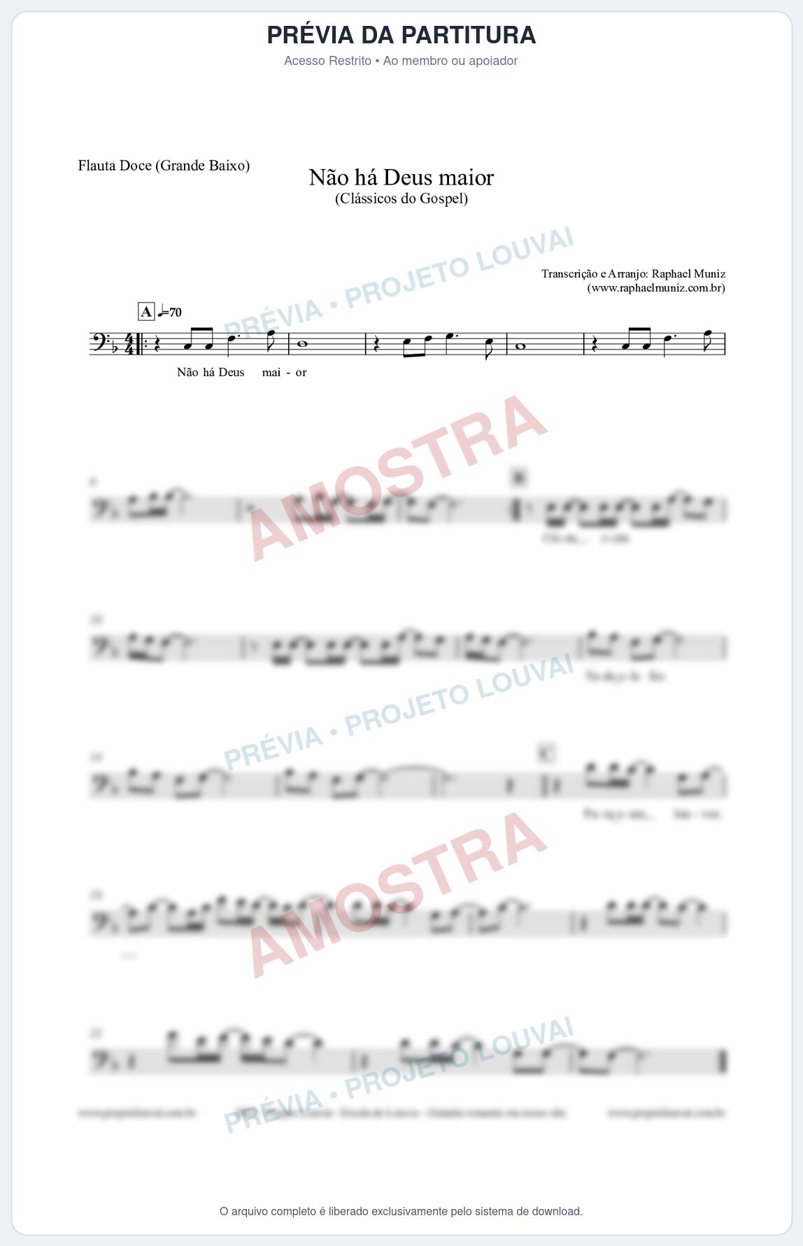 Prévia protegida da primeira página da partitura Partitura para Flauta Doce (Grande Baixo) - Não há Deus maior - Clássicos do Gospel