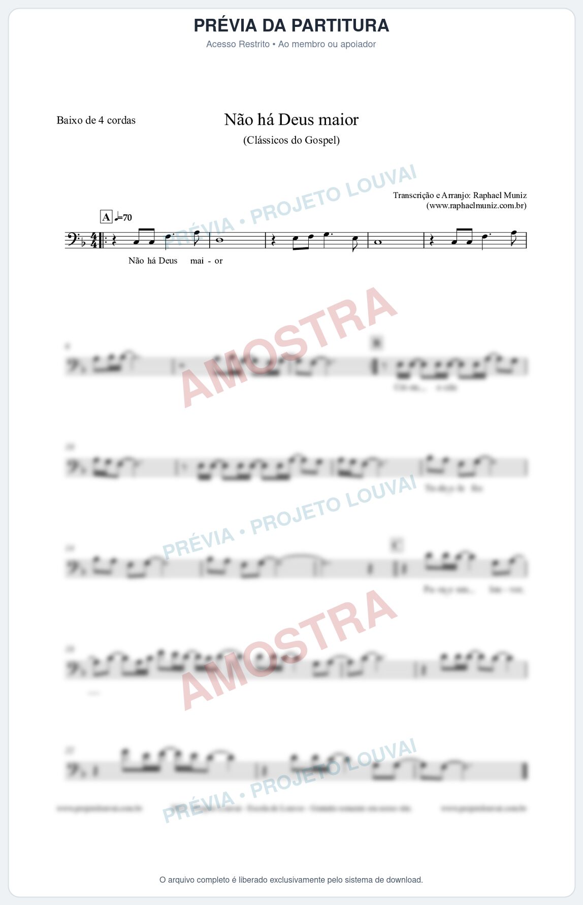 Prévia protegida da primeira página da partitura Partitura para Baixo de 4 cordas - Não há Deus maior - Clássicos do Gospel