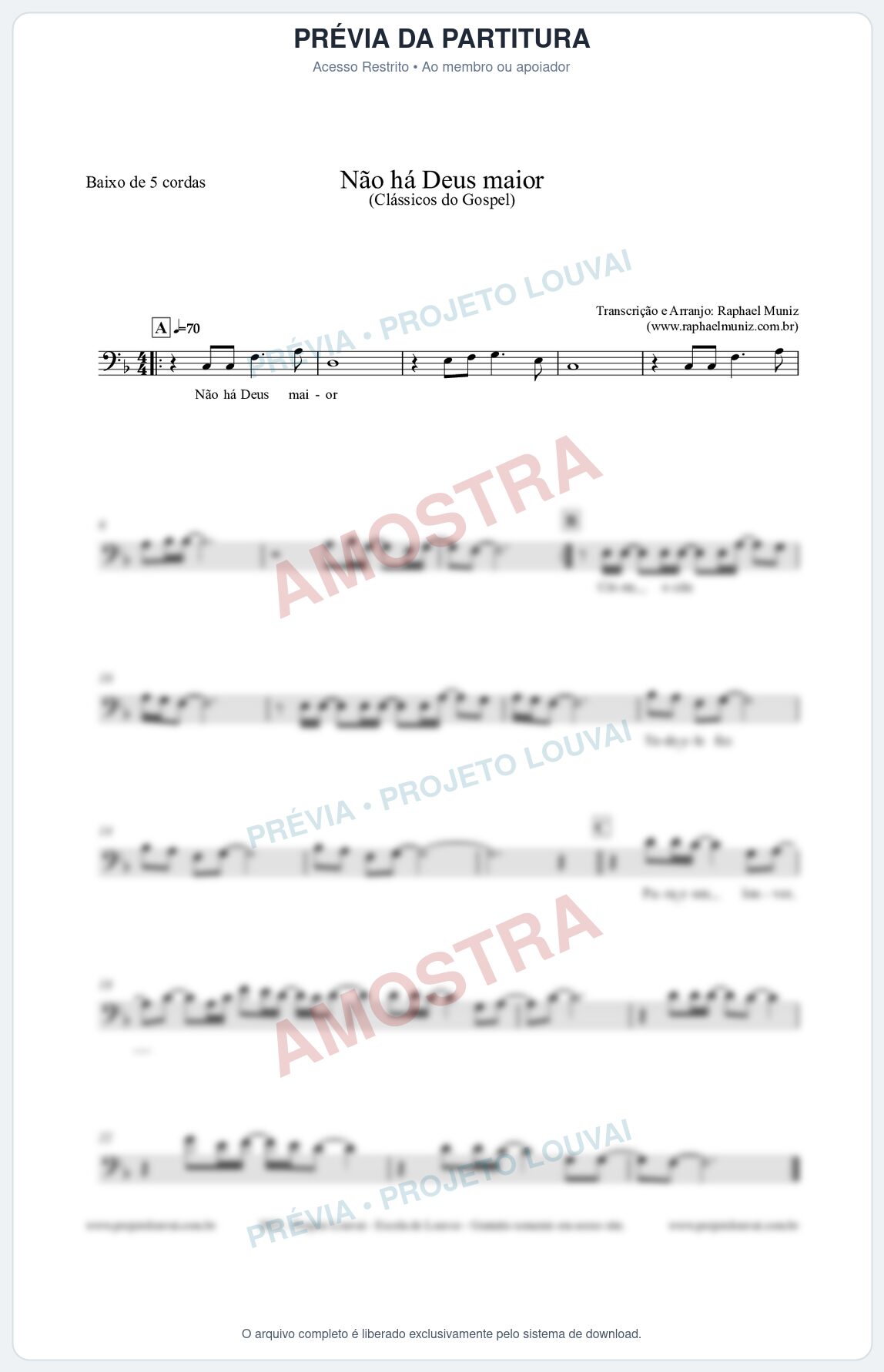 Prévia protegida da primeira página da partitura Partitura para Baixo de 5 cordas - Não há Deus maior - Clássicos do Gospel