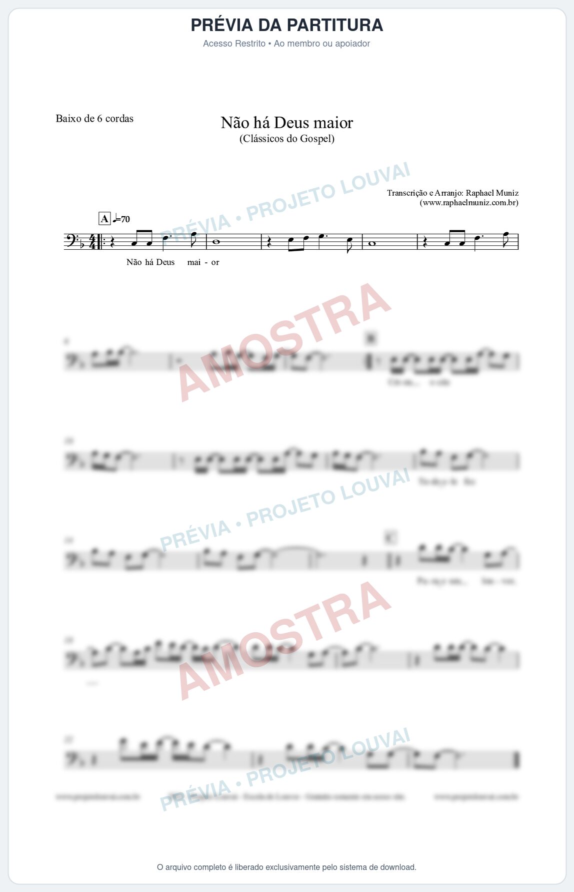 Prévia protegida da primeira página da partitura Partitura para Baixo de 6 cordas - Não há Deus maior - Clássicos do Gospel