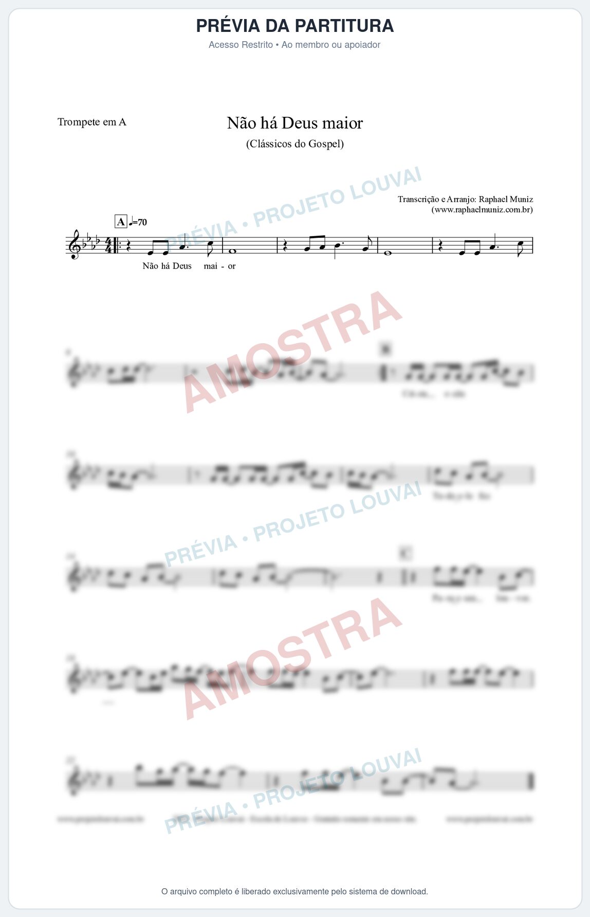 Prévia protegida da primeira página da partitura Partitura para Trompete em A - Não há Deus maior - Clássicos do Gospel