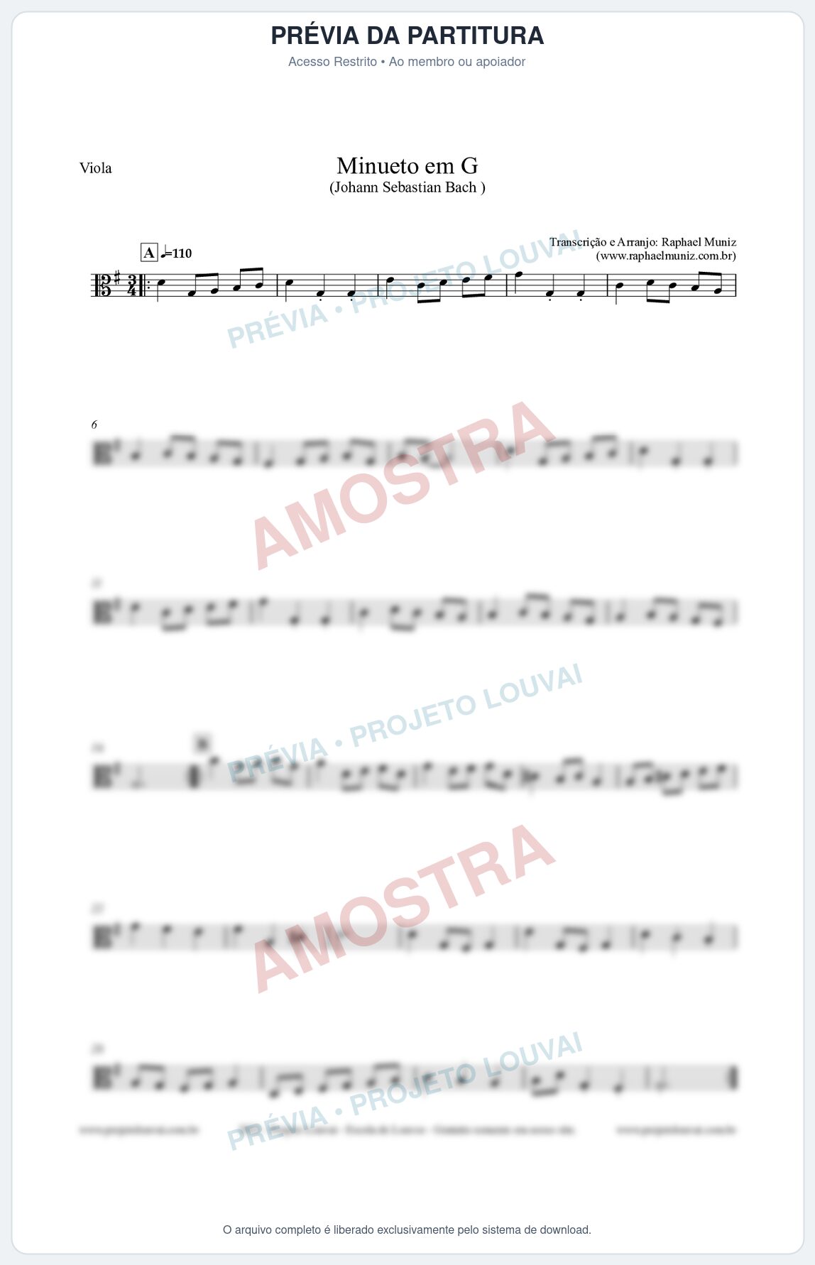Prévia protegida da primeira página da partitura Partitura para Viola - Minueto em G - Bach - Músicas Eruditas