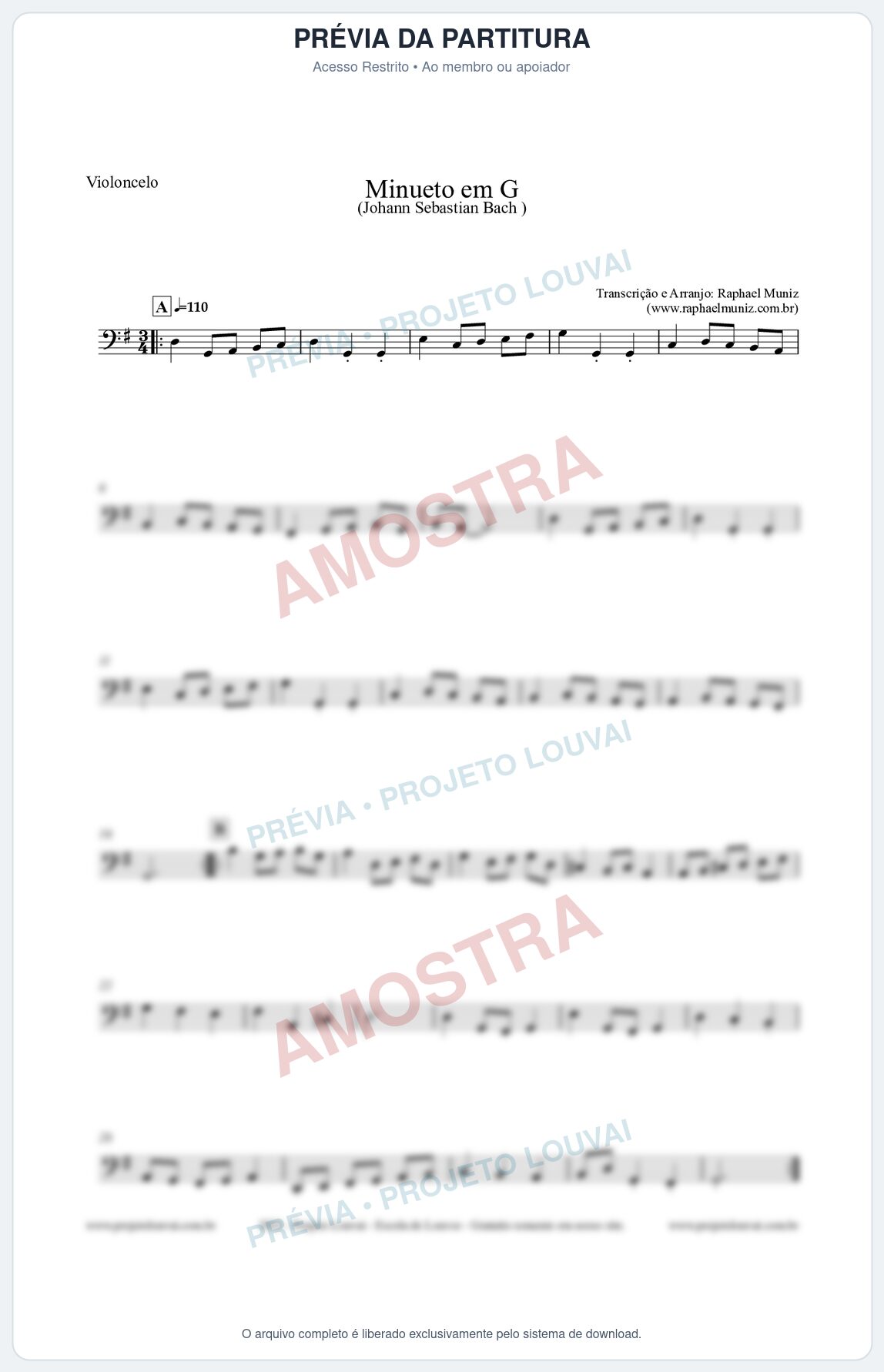 Prévia protegida da primeira página da partitura Partitura para Violoncelo - Minueto em G - Bach - Músicas Eruditas