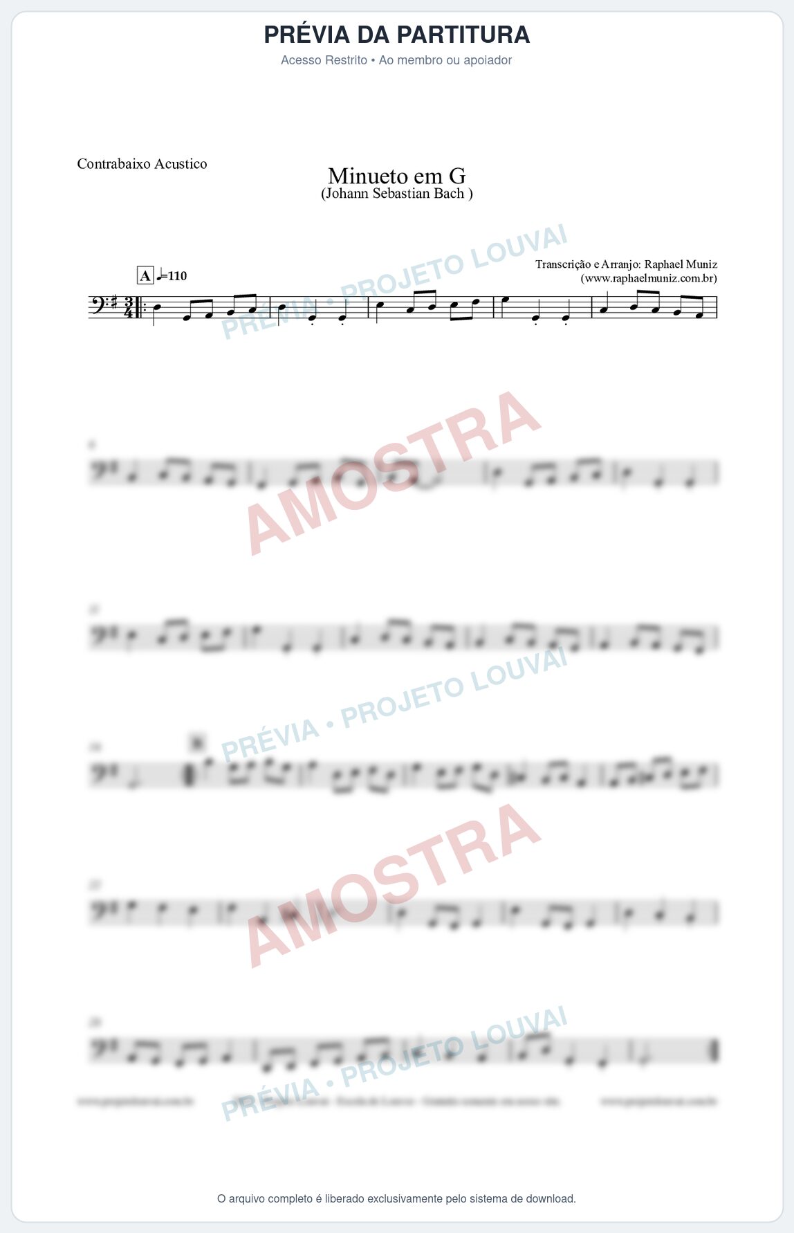Prévia protegida da primeira página da partitura Partitura para Contrabaixo Acústico - Minueto em G - Bach - Músicas Eruditas