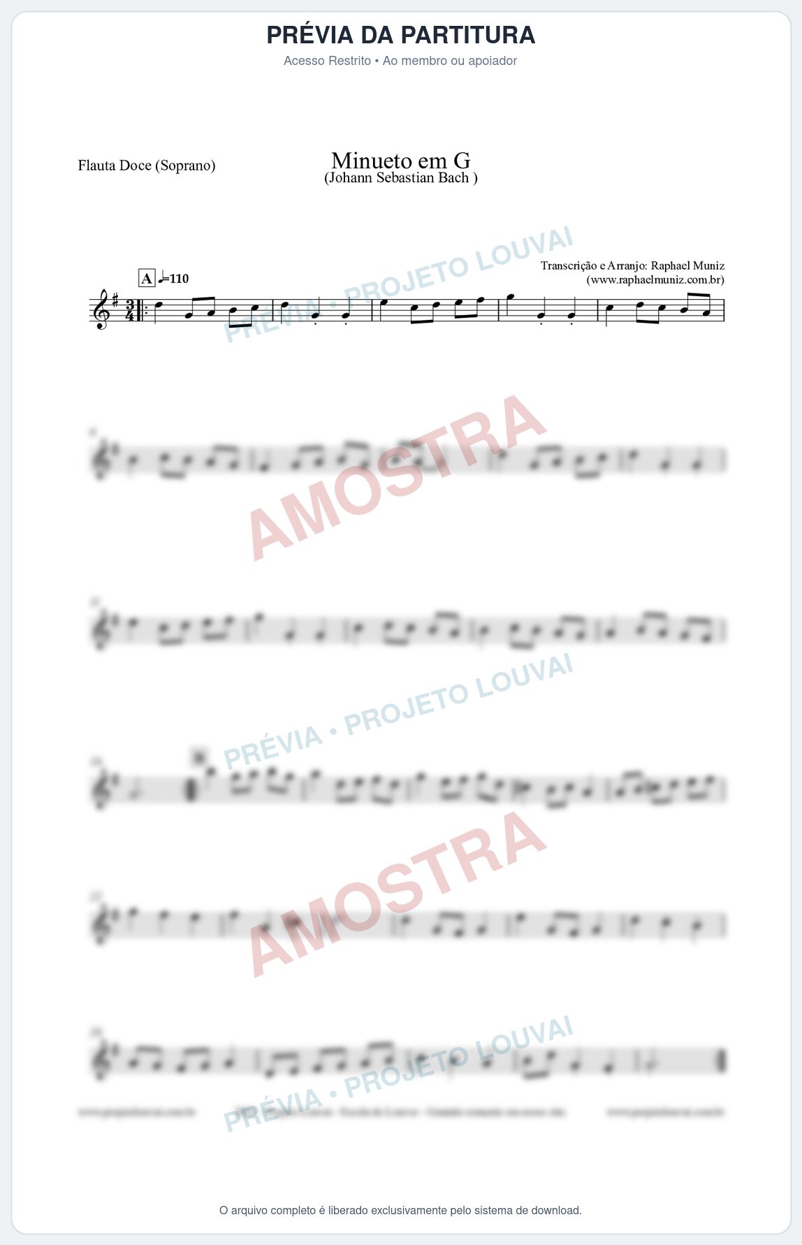 Prévia protegida da primeira página da partitura Partitura para Flauta Doce (Soprano) - Minueto em G - Bach - Músicas Eruditas
