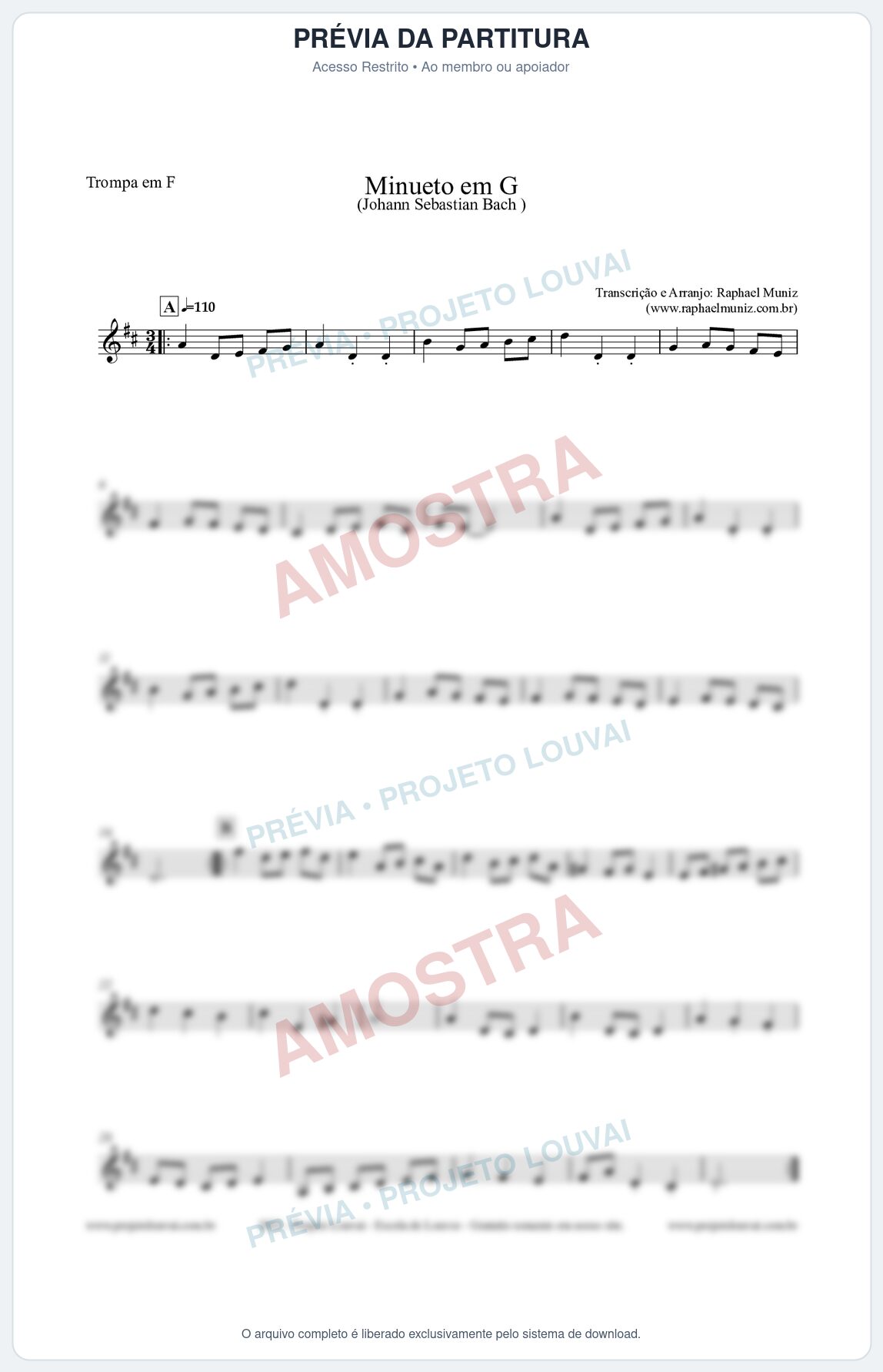 Prévia protegida da primeira página da partitura Partitura para Trompa em F - Minueto em G - Bach - Músicas Eruditas