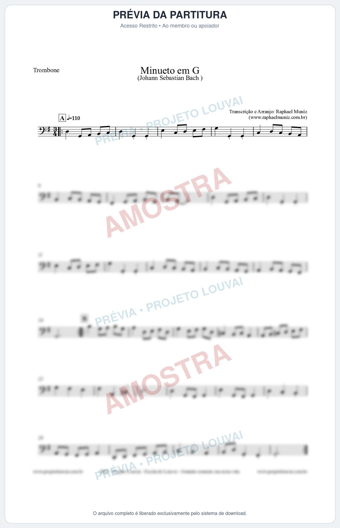Prévia protegida da primeira página da partitura Partitura para Trombone - Minueto em G - Bach - Músicas Eruditas