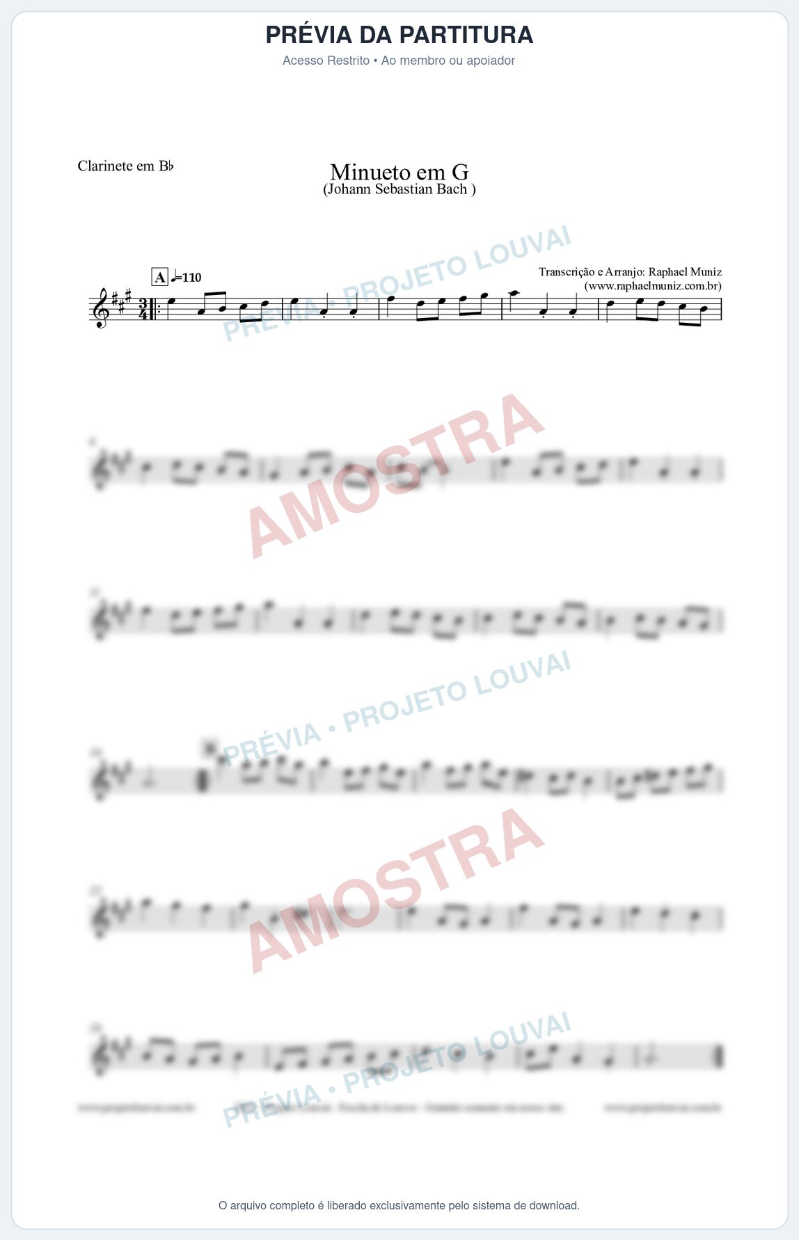 Prévia protegida da primeira página da partitura Partitura para Clarinete em Bb - Minueto em G - Bach - Músicas Eruditas