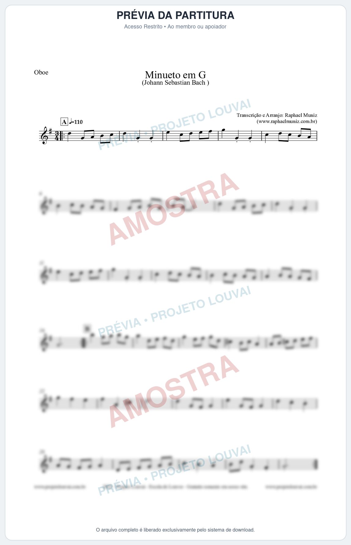 Prévia protegida da primeira página da partitura Partitura para Oboé - Minueto em G - Bach - Músicas Eruditas