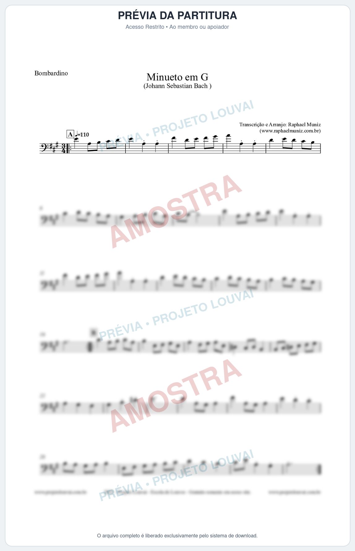 Prévia protegida da primeira página da partitura Partitura para Bombardino - Minueto em G - Bach - Músicas Eruditas
