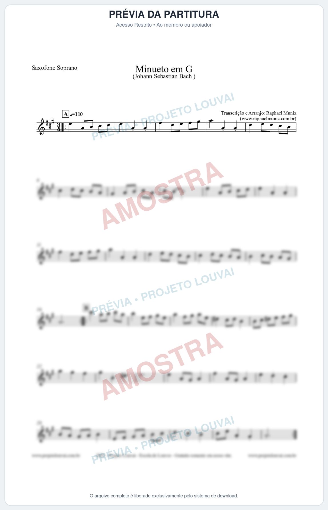 Prévia protegida da primeira página da partitura Partitura para Saxofone Soprano - Minueto em G - Bach - Músicas Eruditas