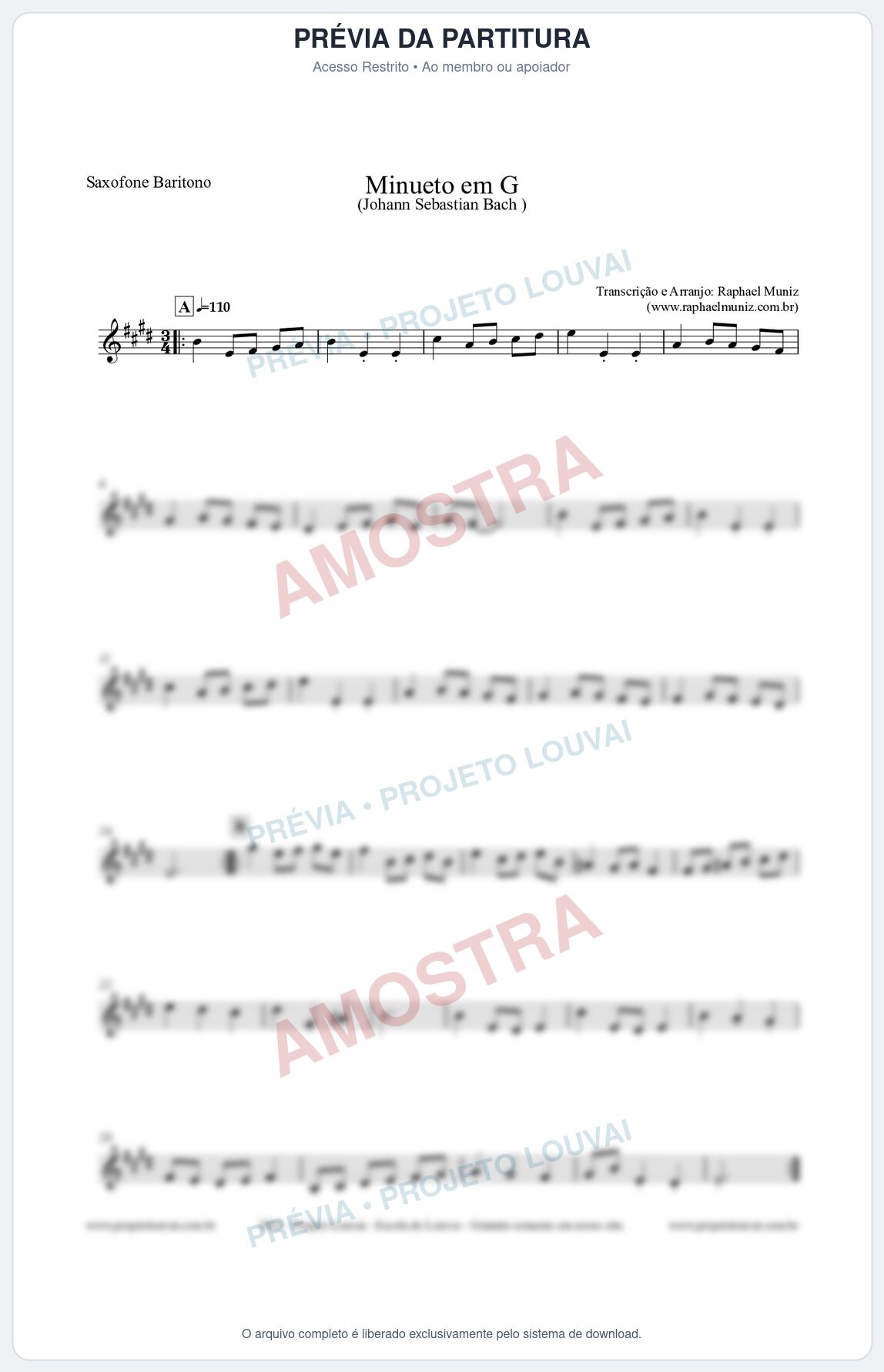 Prévia protegida da primeira página da partitura Partitura para Saxofone Barítono - Minueto em G - Bach - Músicas Eruditas