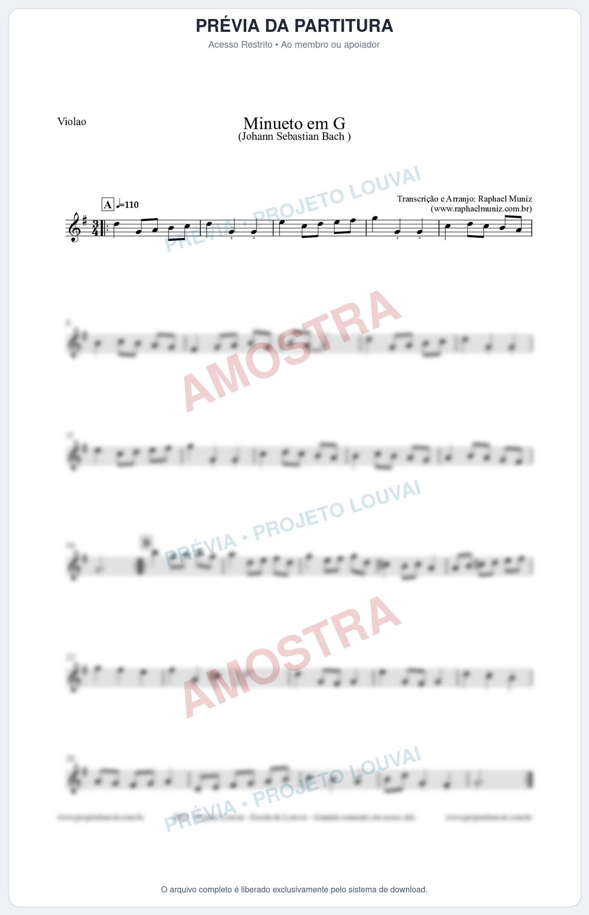 Prévia protegida da primeira página da partitura Partitura para Violão - Minueto em G - Bach - Músicas Eruditas