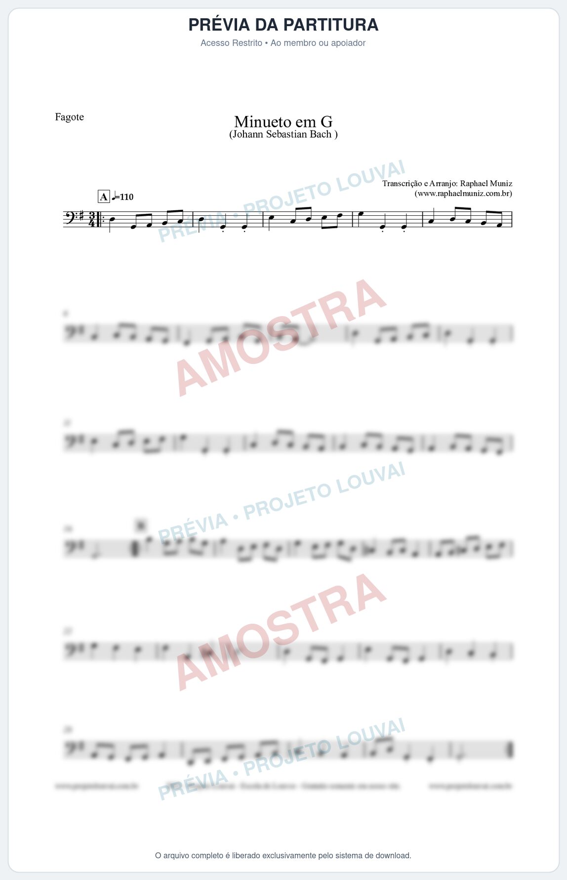 Prévia protegida da primeira página da partitura Partitura para Fagote - Minueto em G - Bach - Músicas Eruditas