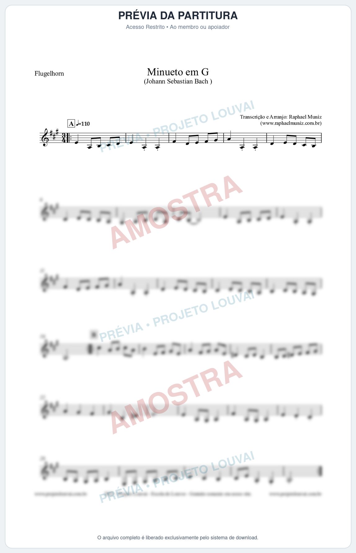 Prévia protegida da primeira página da partitura Partitura para Flugelhorn - Minueto em G - Bach - Músicas Eruditas