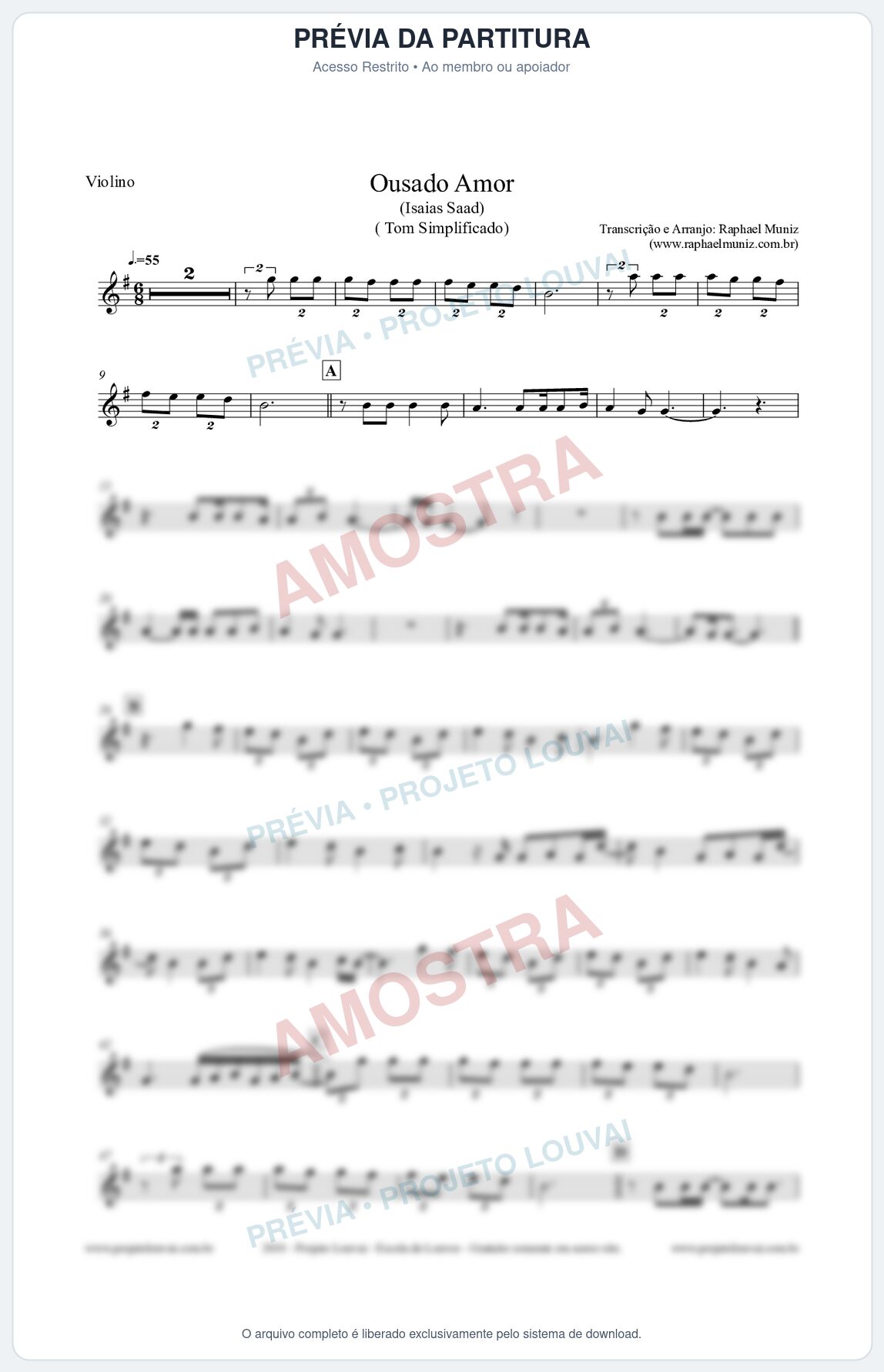 Prévia protegida da primeira página da partitura Partitura para Violino - Ousado Amor (Reckless Love) - Tom Facilitado - Isaias Saad