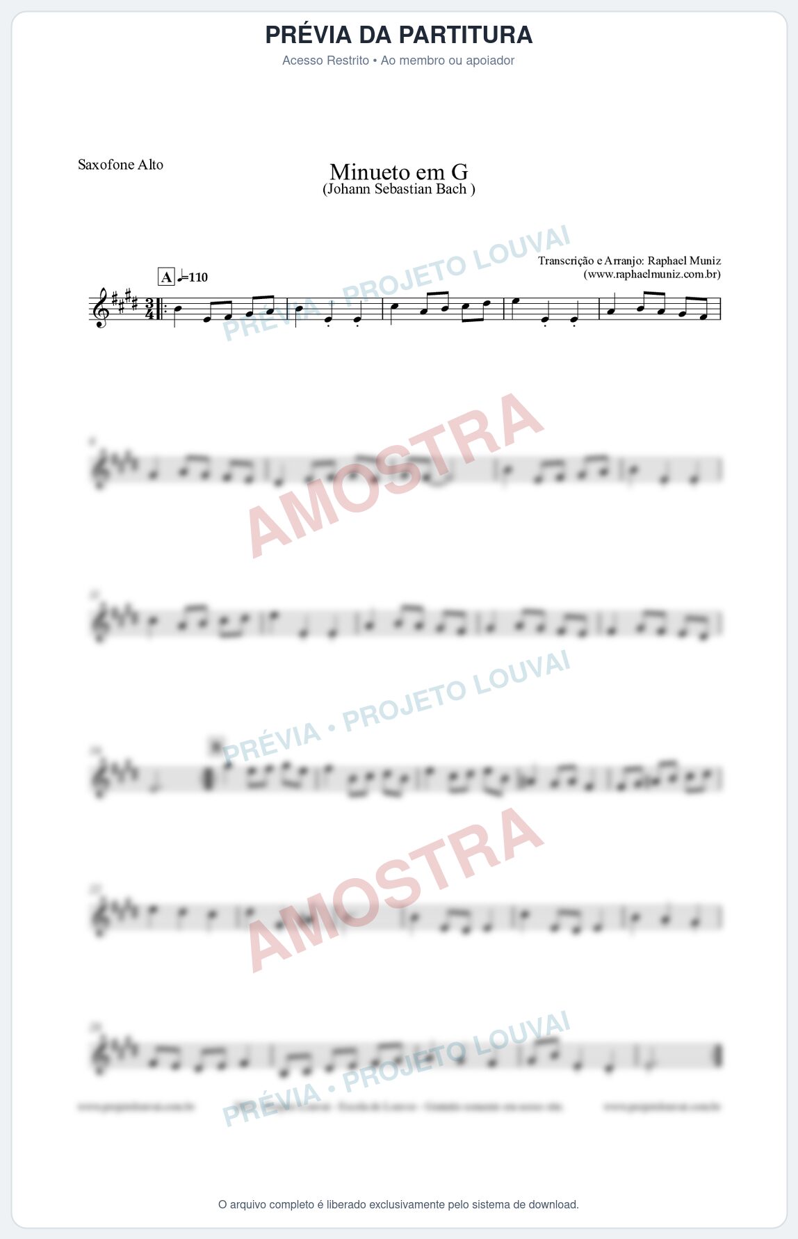 Prévia protegida da primeira página da partitura Partitura para Saxofone Alto - Minueto em G - Bach - Músicas Eruditas