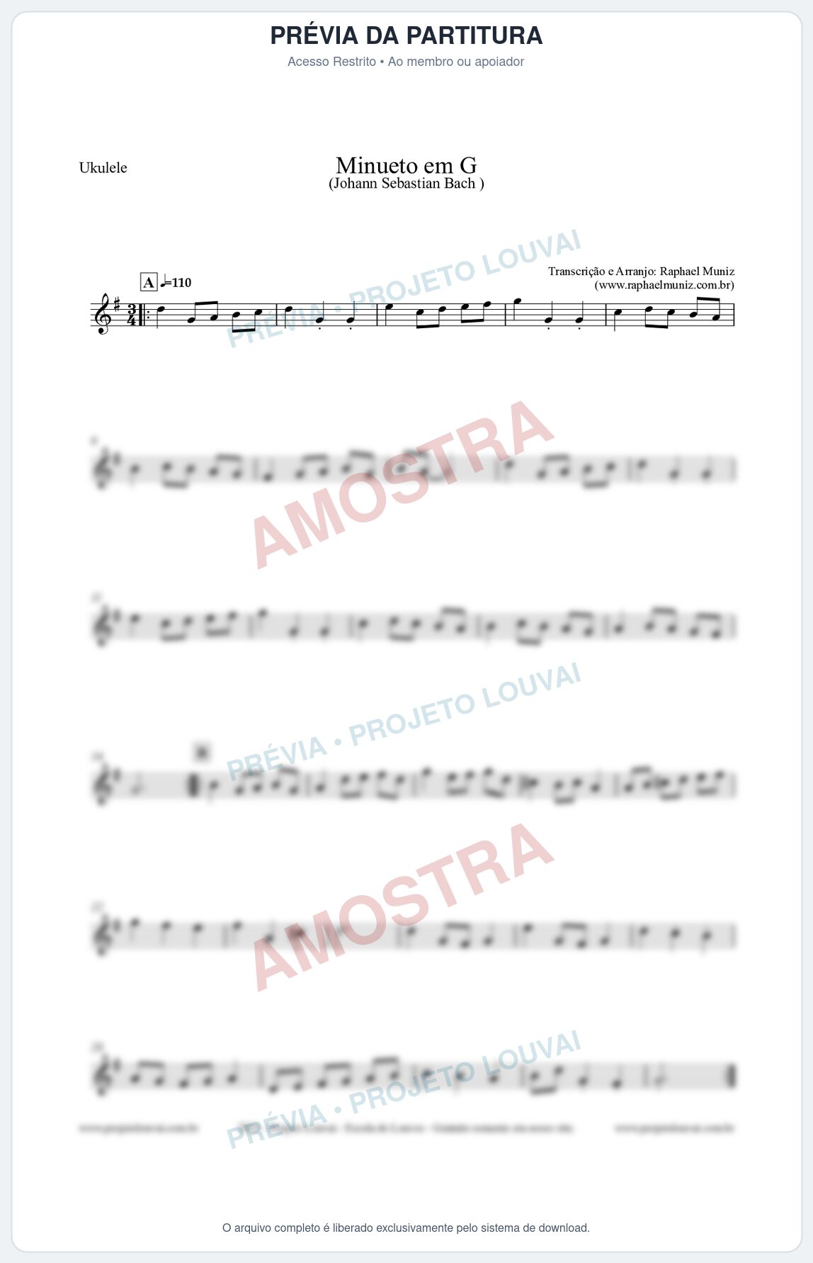 Prévia protegida da primeira página da partitura Partitura para Ukulele - Minueto em G - Bach - Músicas Eruditas
