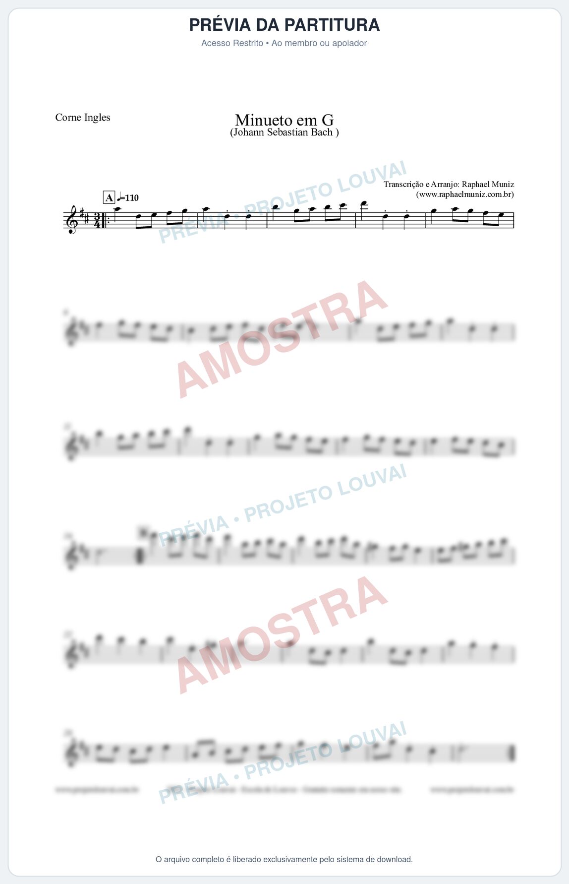 Prévia protegida da primeira página da partitura Partitura para Corne Inglês - Minueto em G - Bach - Músicas Eruditas