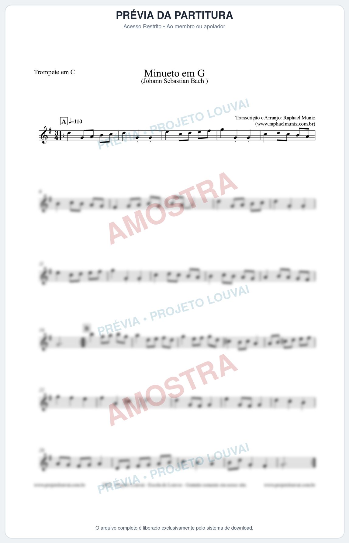 Prévia protegida da primeira página da partitura Partitura para Trompete em C - Minueto em G - Bach - Músicas Eruditas