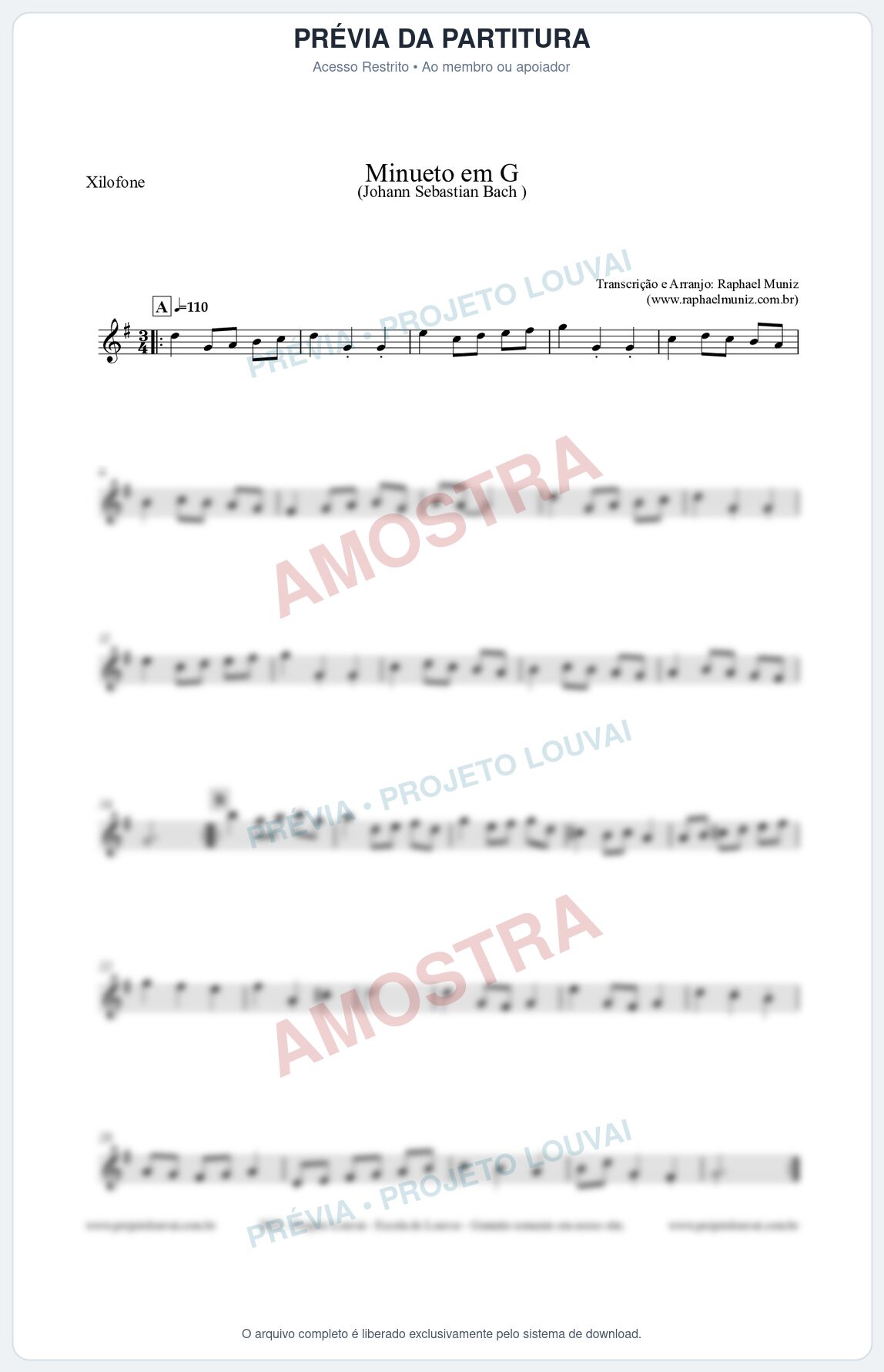 Prévia protegida da primeira página da partitura Partitura para Xilofone - Minueto em G - Bach - Músicas Eruditas