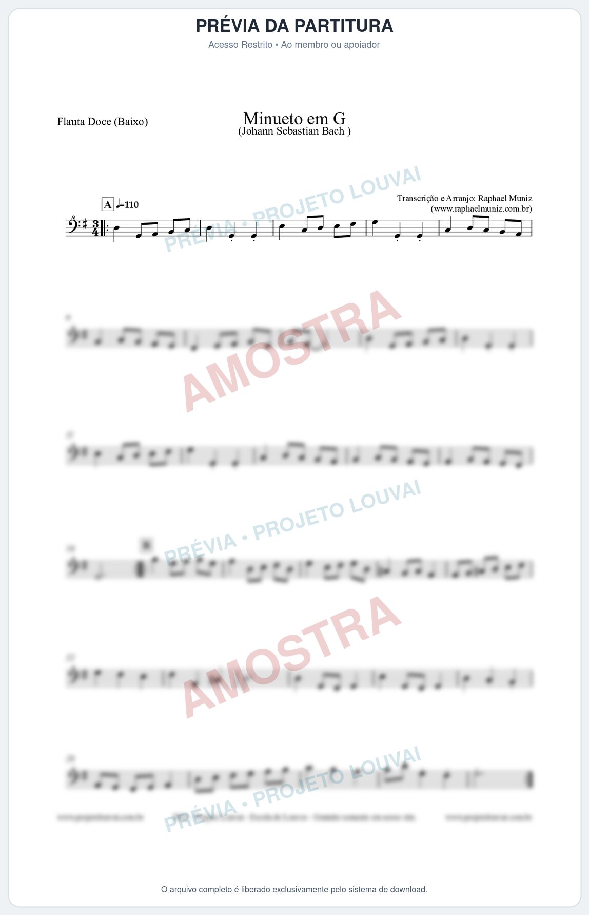 Prévia protegida da primeira página da partitura Partitura para Flauta Doce (Baixo) - Minueto em G - Bach - Músicas Eruditas