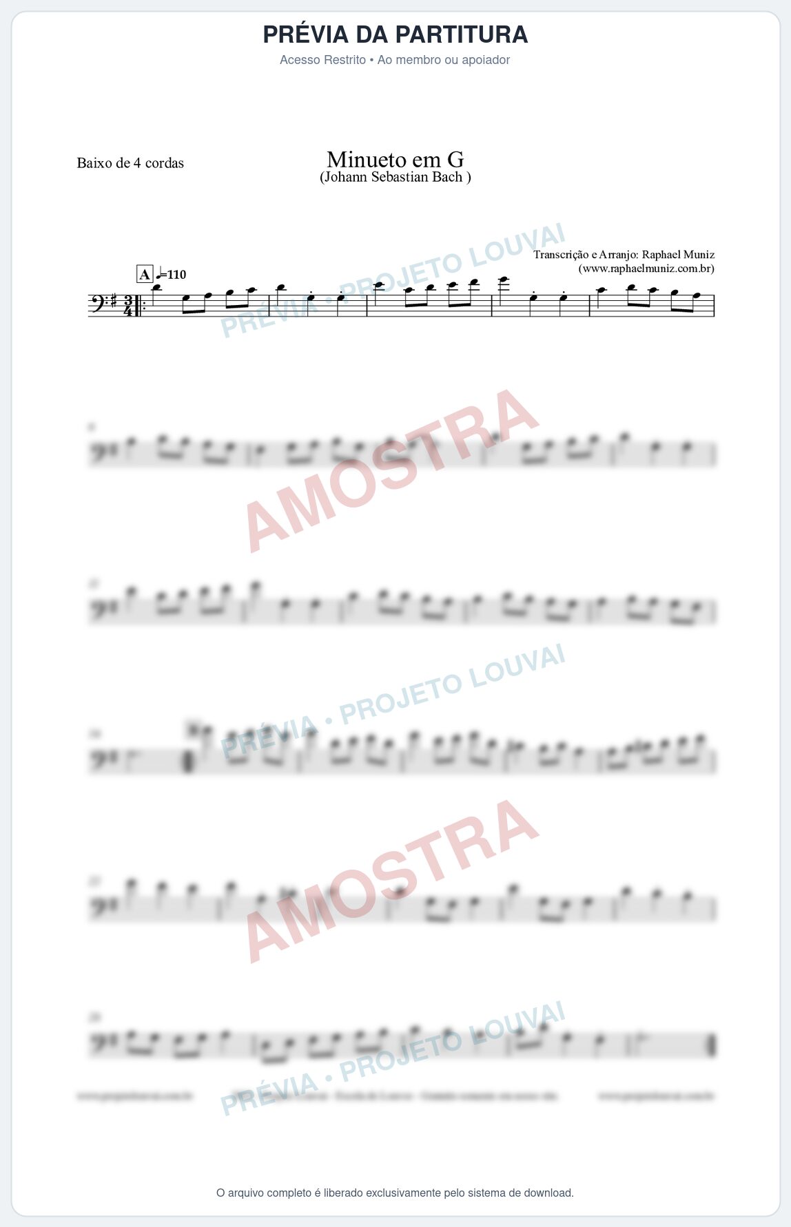 Prévia protegida da primeira página da partitura Partitura para Baixo de 4 cordas - Minueto em G - Bach - Músicas Eruditas