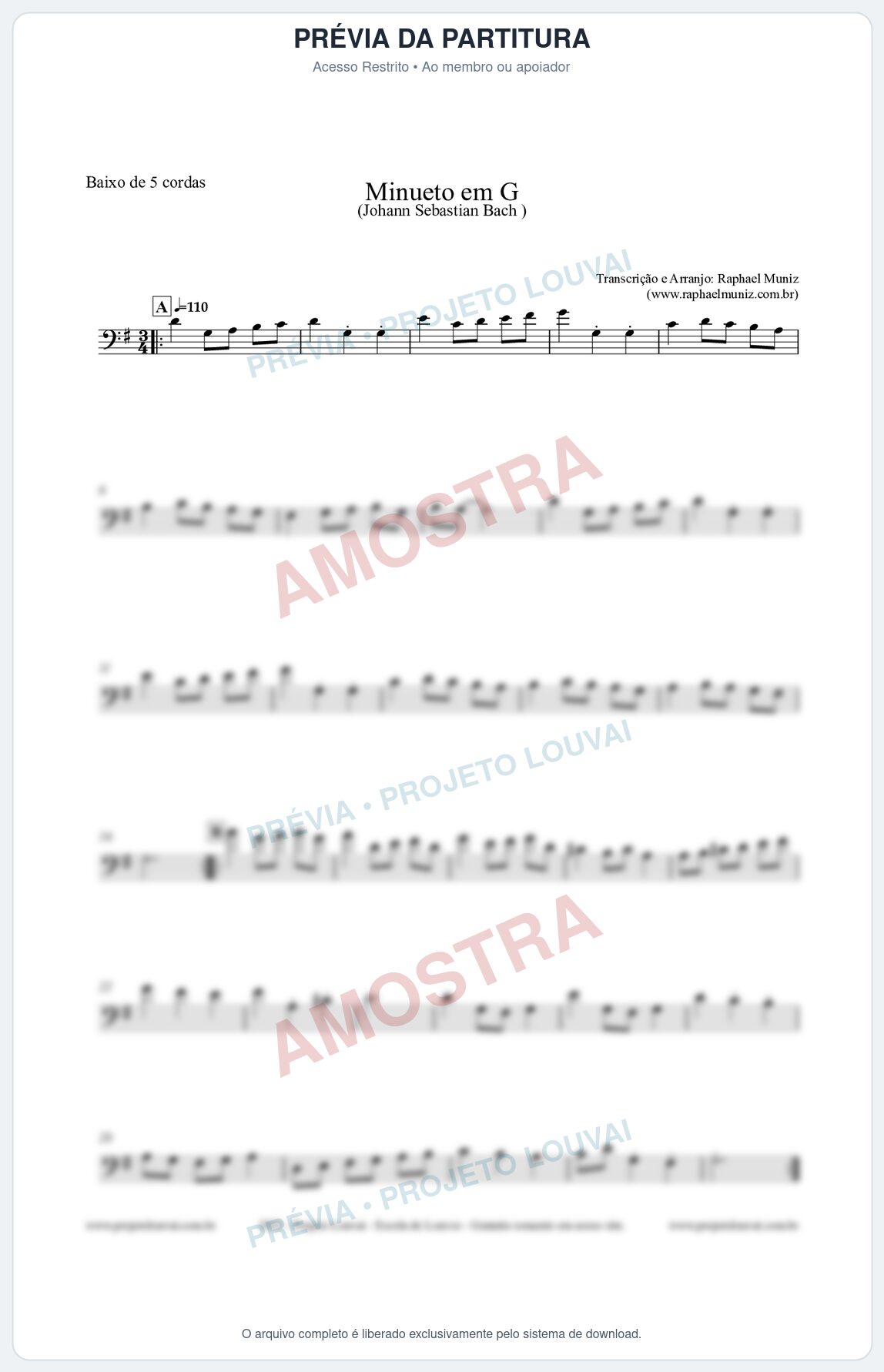 Prévia protegida da primeira página da partitura Partitura para Baixo de 5 cordas - Minueto em G - Bach - Músicas Eruditas