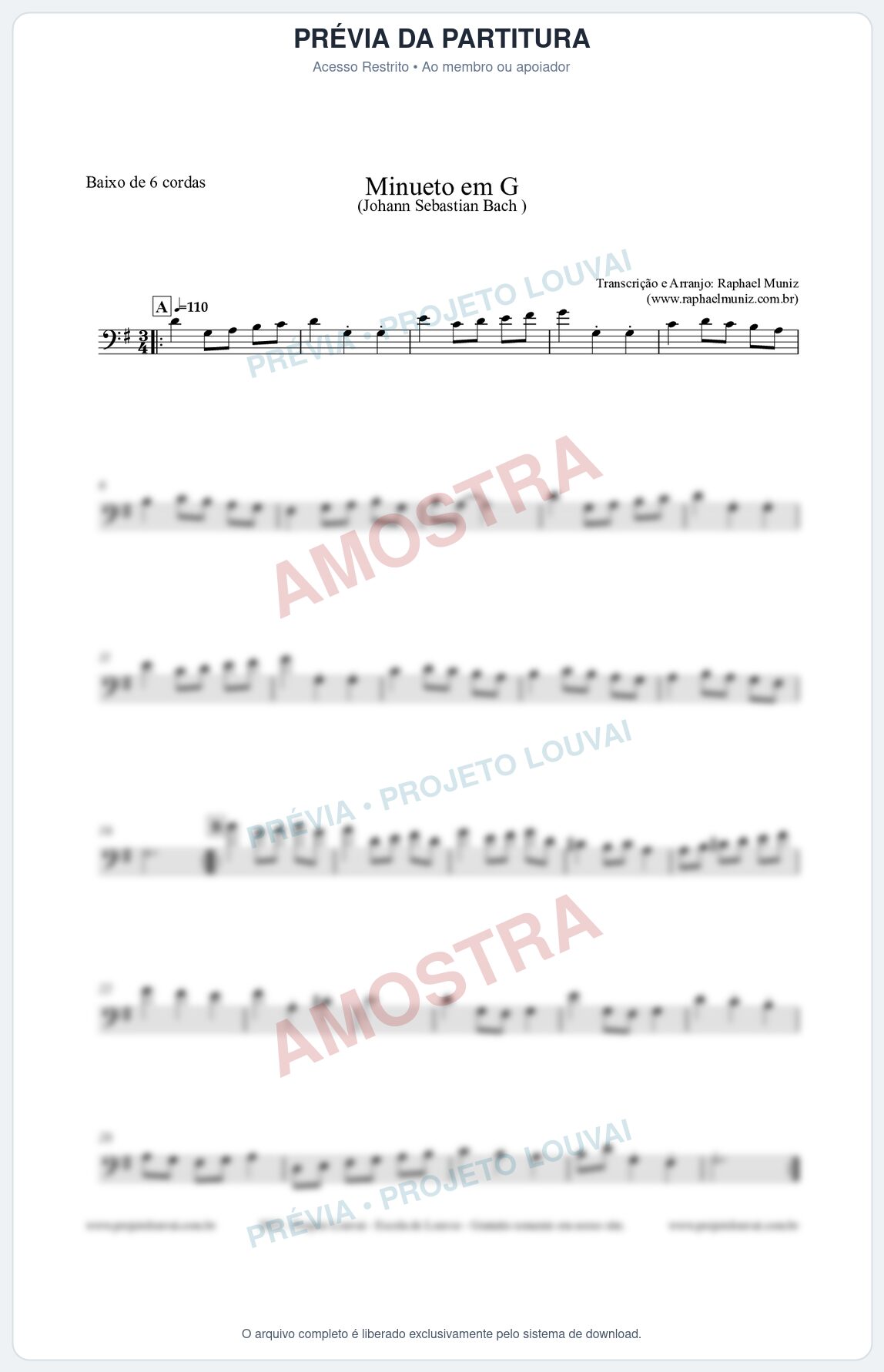 Prévia protegida da primeira página da partitura Partitura para Baixo de 6 cordas - Minueto em G - Bach - Músicas Eruditas