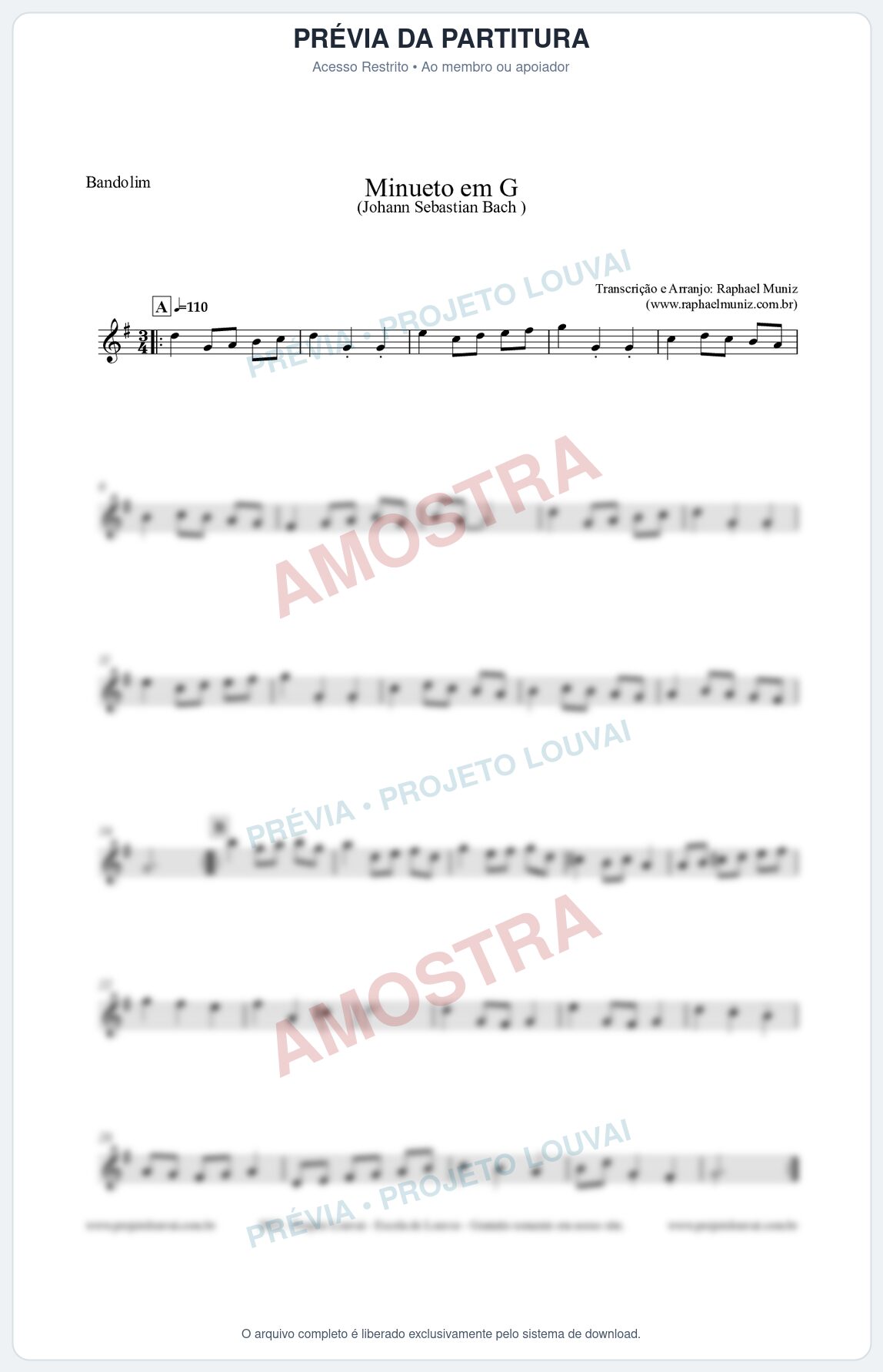 Prévia protegida da primeira página da partitura Partitura para Bandolim - Minueto em G - Bach - Músicas Eruditas