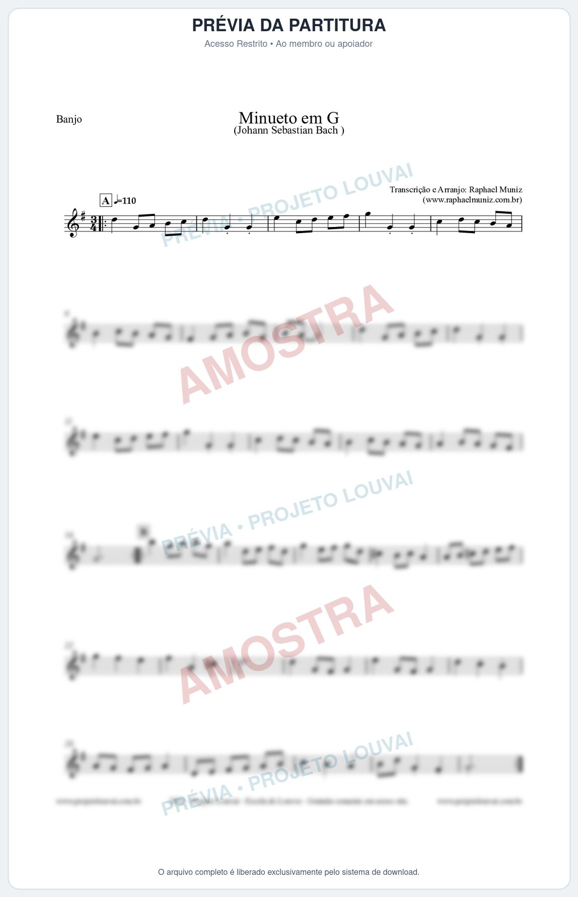 Prévia protegida da primeira página da partitura Partitura para Banjo - Minueto em G - Bach - Músicas Eruditas