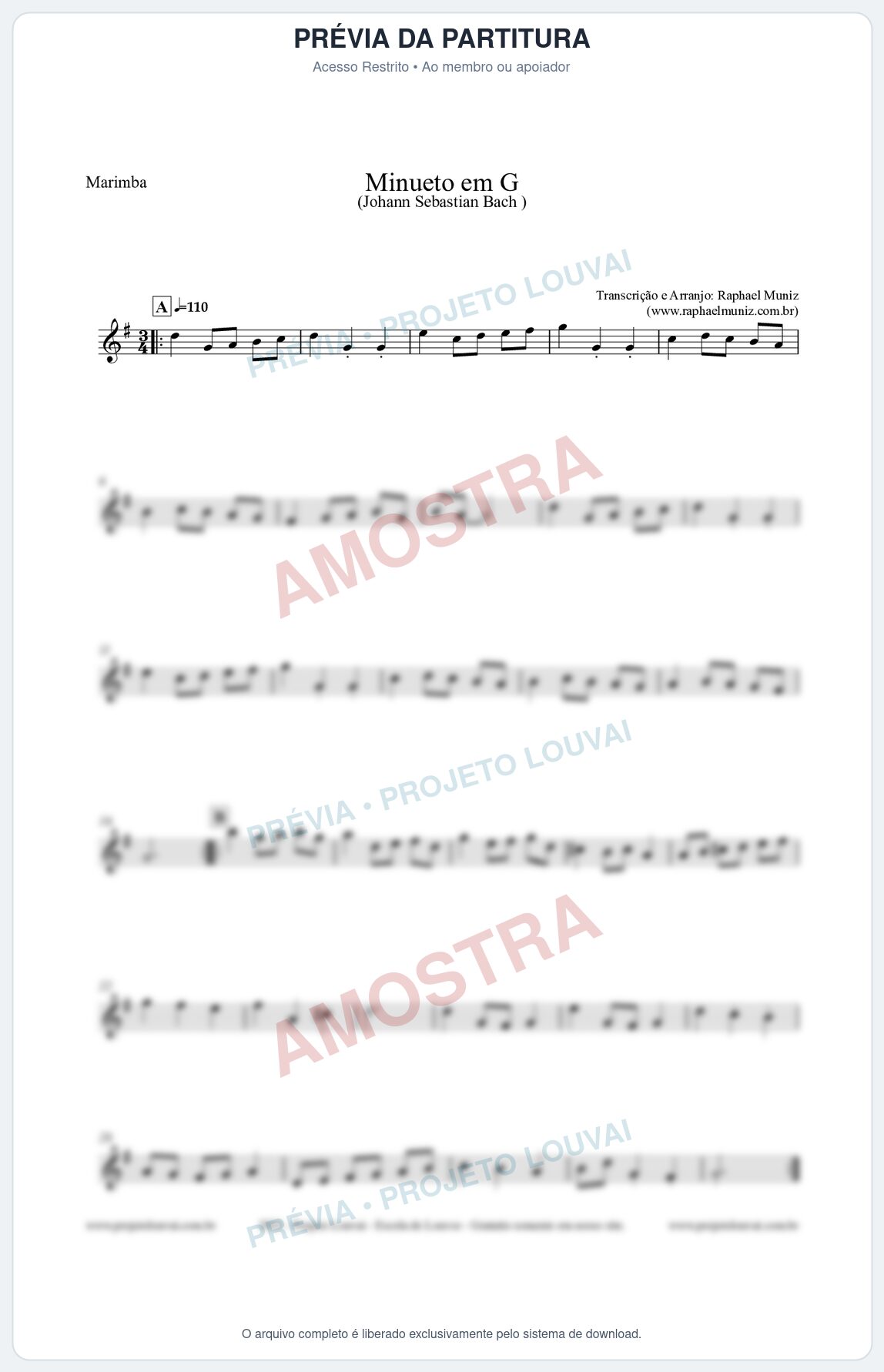 Prévia protegida da primeira página da partitura Partitura para Marimba - Minueto em G - Bach - Músicas Eruditas