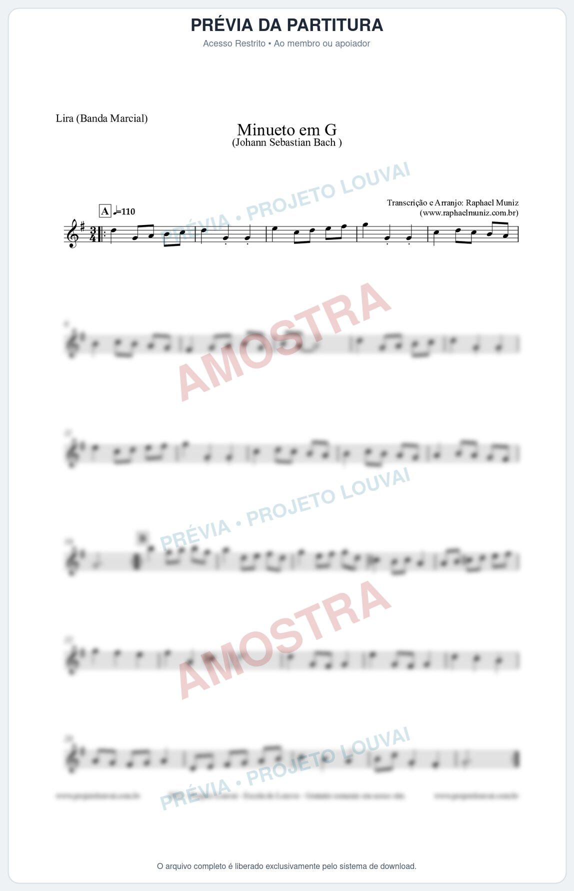 Prévia protegida da primeira página da partitura Partitura para Lira (Banda Marcial) - Minueto em G - Bach - Músicas Eruditas