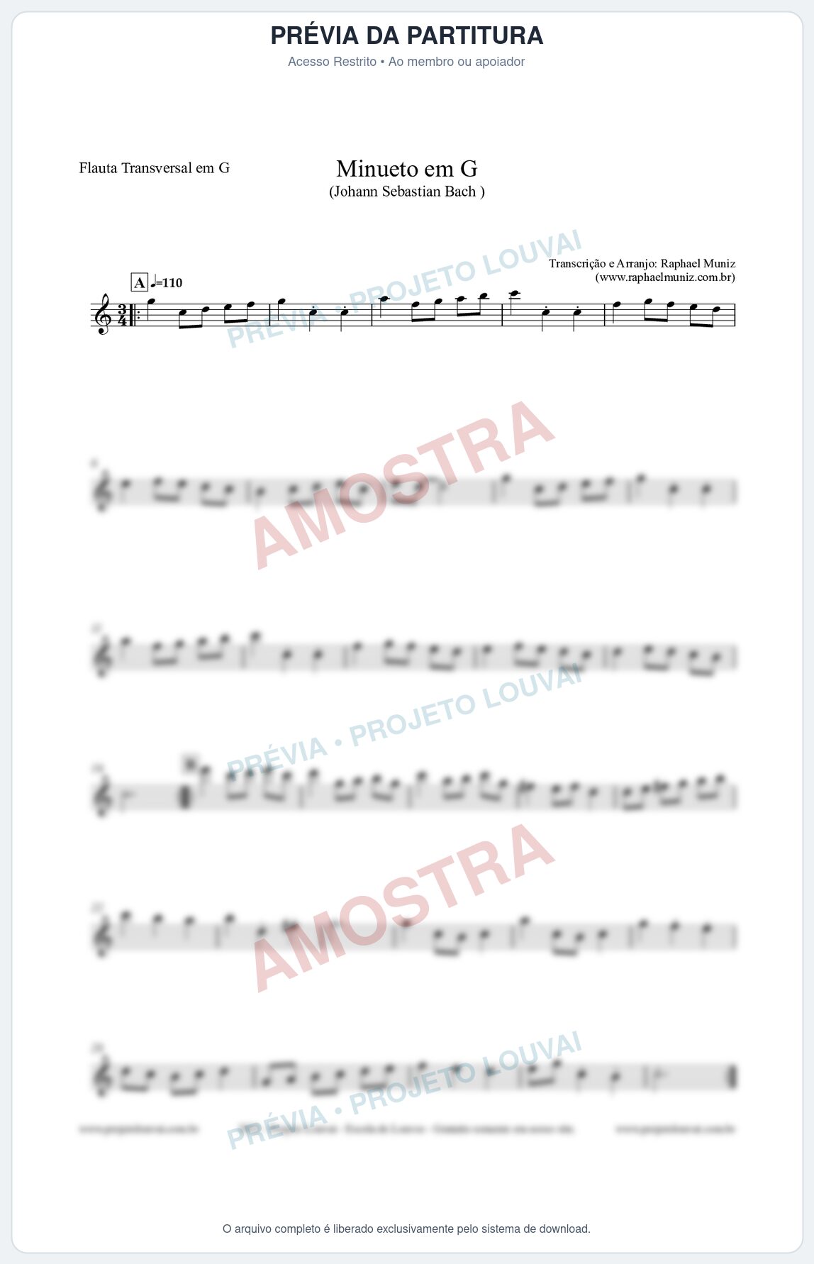 Prévia protegida da primeira página da partitura Partitura para Flauta Transversal em G - Minueto em G - Bach - Músicas Eruditas