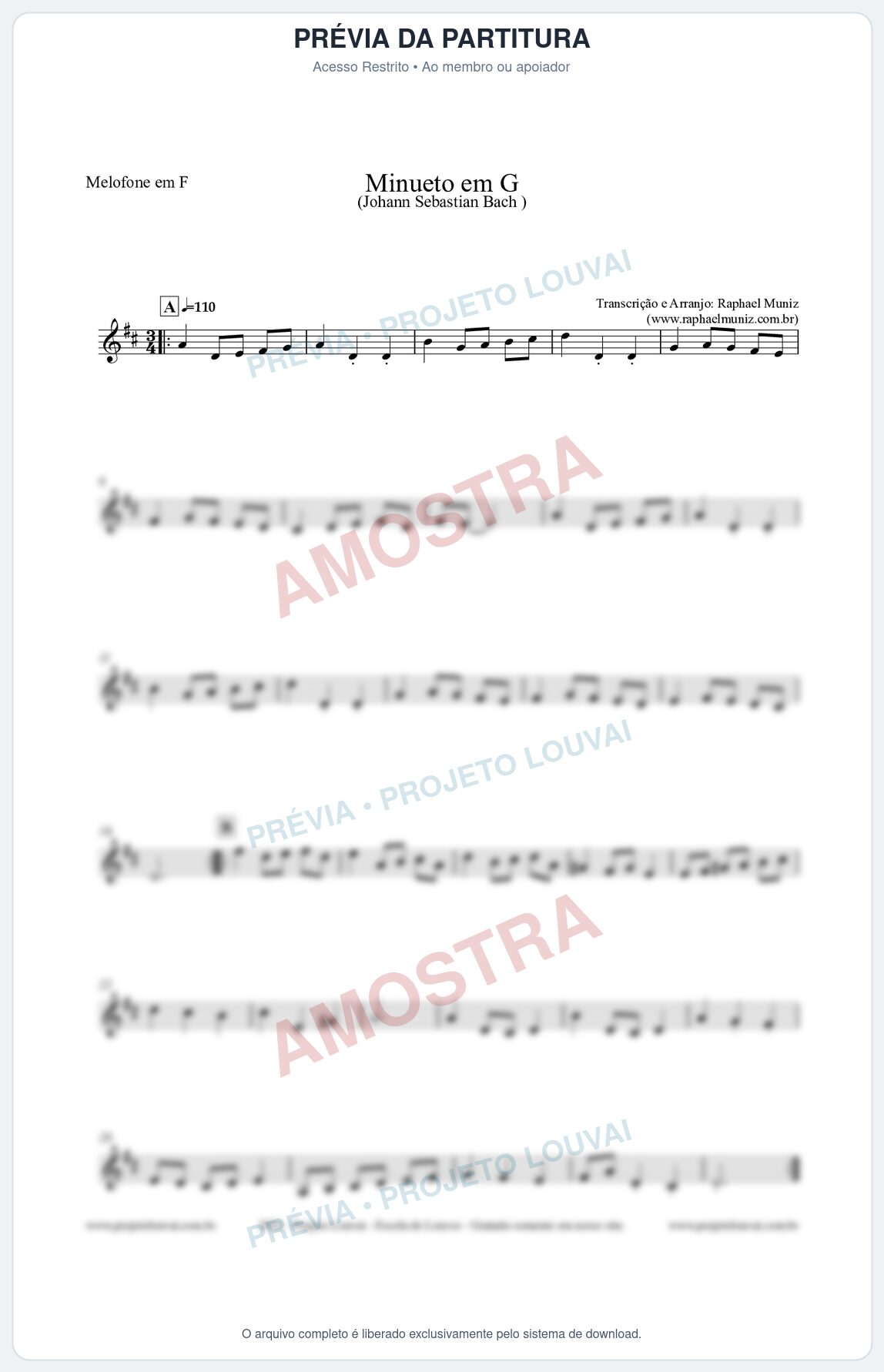 Prévia protegida da primeira página da partitura Partitura para Melofone em F - Minueto em G - Bach - Músicas Eruditas