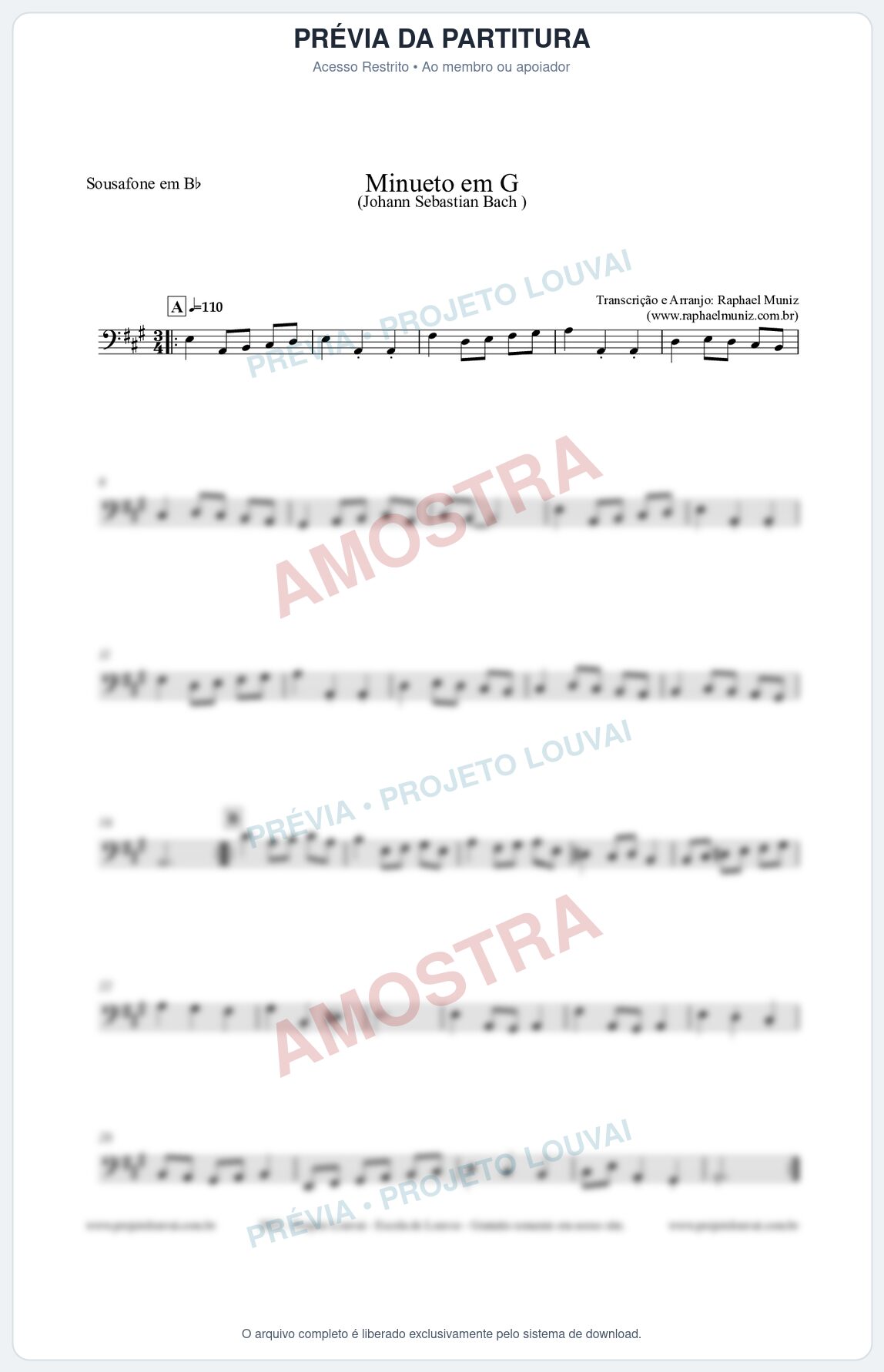 Prévia protegida da primeira página da partitura Partitura para Sousafone em Bb - Minueto em G - Bach - Músicas Eruditas