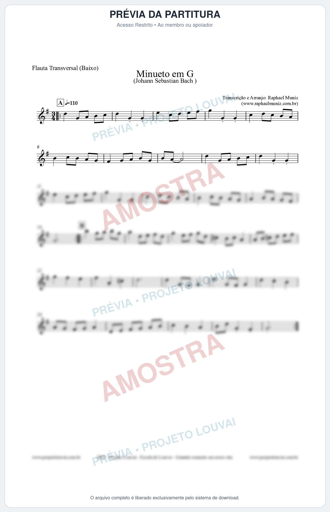 Prévia protegida da primeira página da partitura Partitura para Flauta Transversal (Baixo) - Minueto em G - Bach - Músicas Eruditas