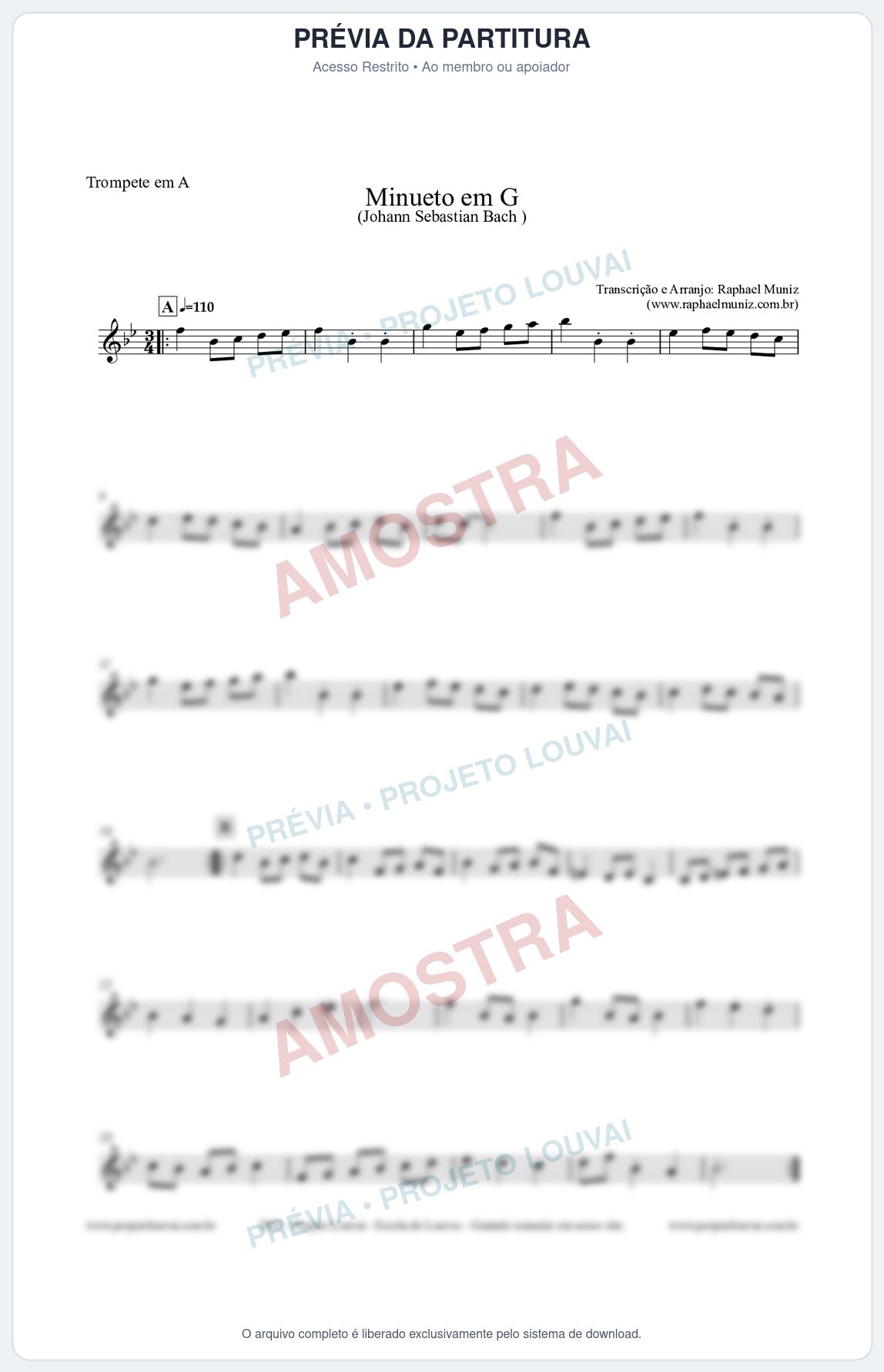 Prévia protegida da primeira página da partitura Partitura para Trompete em A - Minueto em G - Bach - Músicas Eruditas