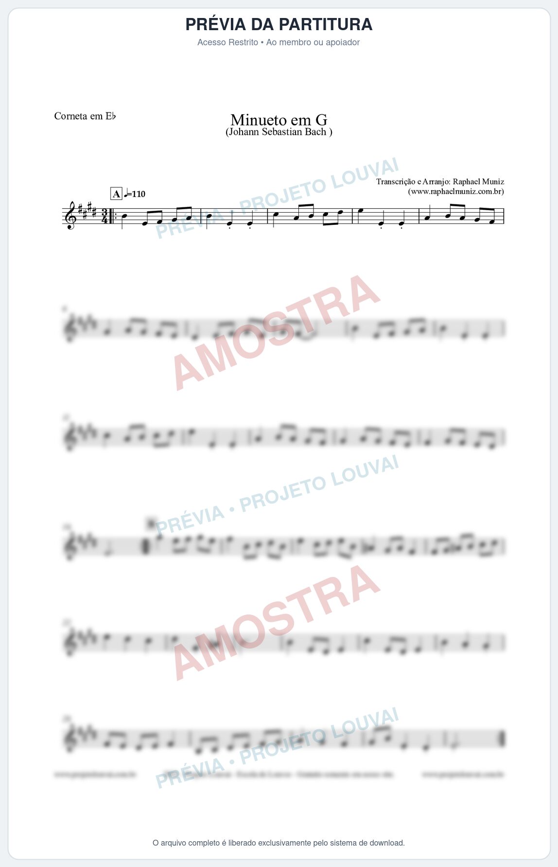 Prévia protegida da primeira página da partitura Partitura para Corneta em Eb - Minueto em G - Bach - Músicas Eruditas