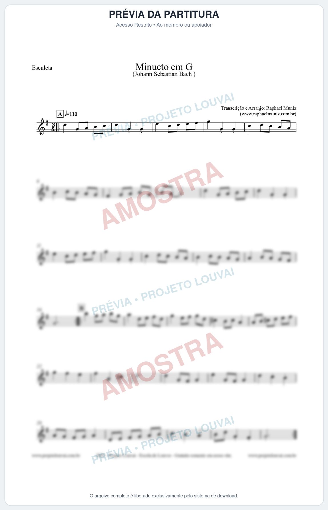 Prévia protegida da primeira página da partitura Partitura para Escaleta - Minueto em G - Bach - Músicas Eruditas