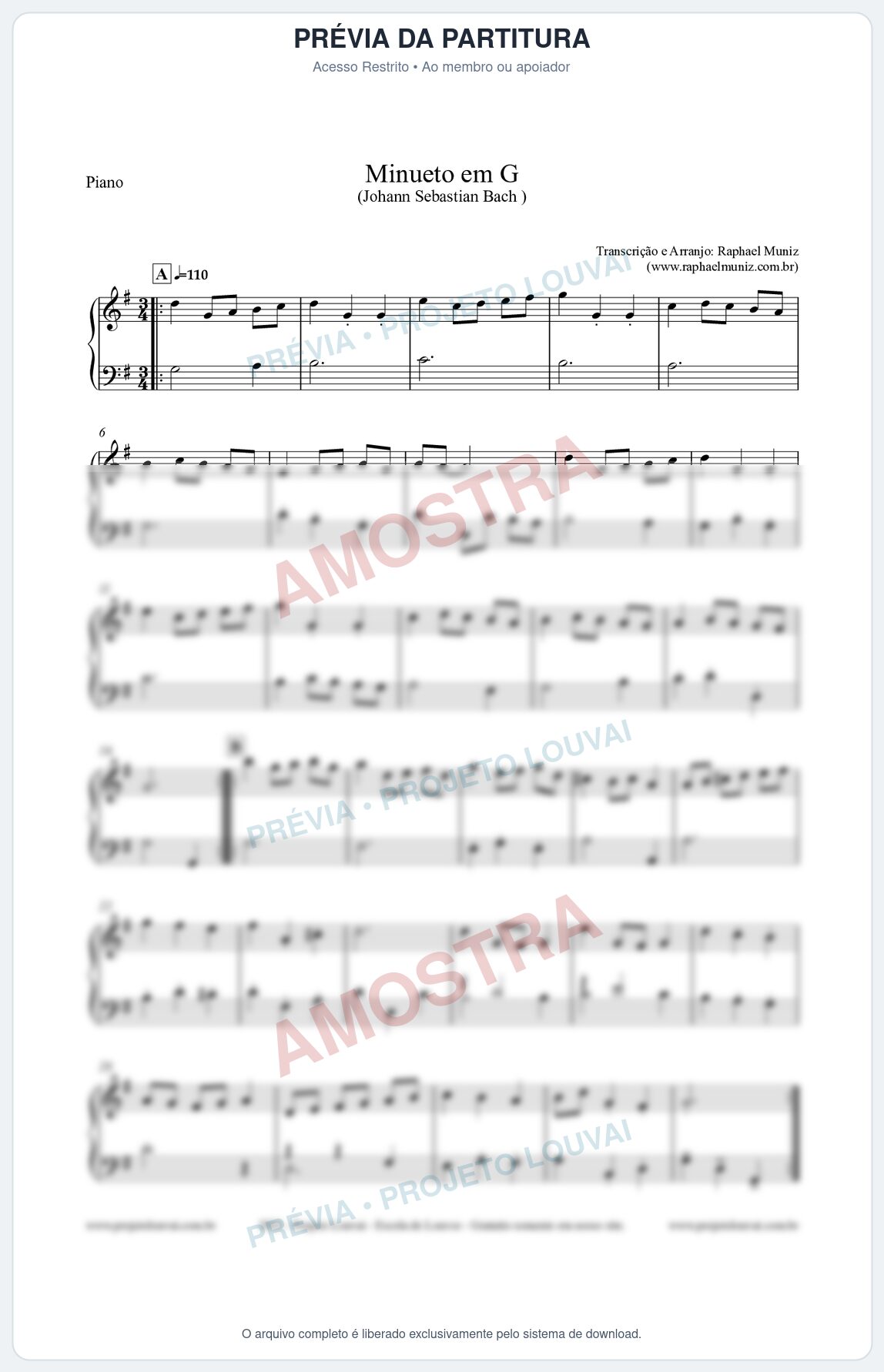 Prévia protegida da primeira página da partitura Partitura para Piano - Minueto em G - Bach - Músicas Eruditas