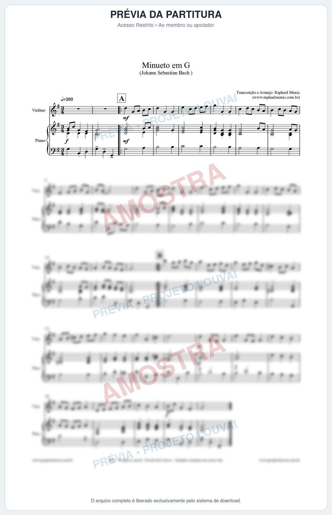 Prévia protegida da primeira página da partitura Partitura para Piano e Violino - Minueto em G - Bach - Músicas Eruditas