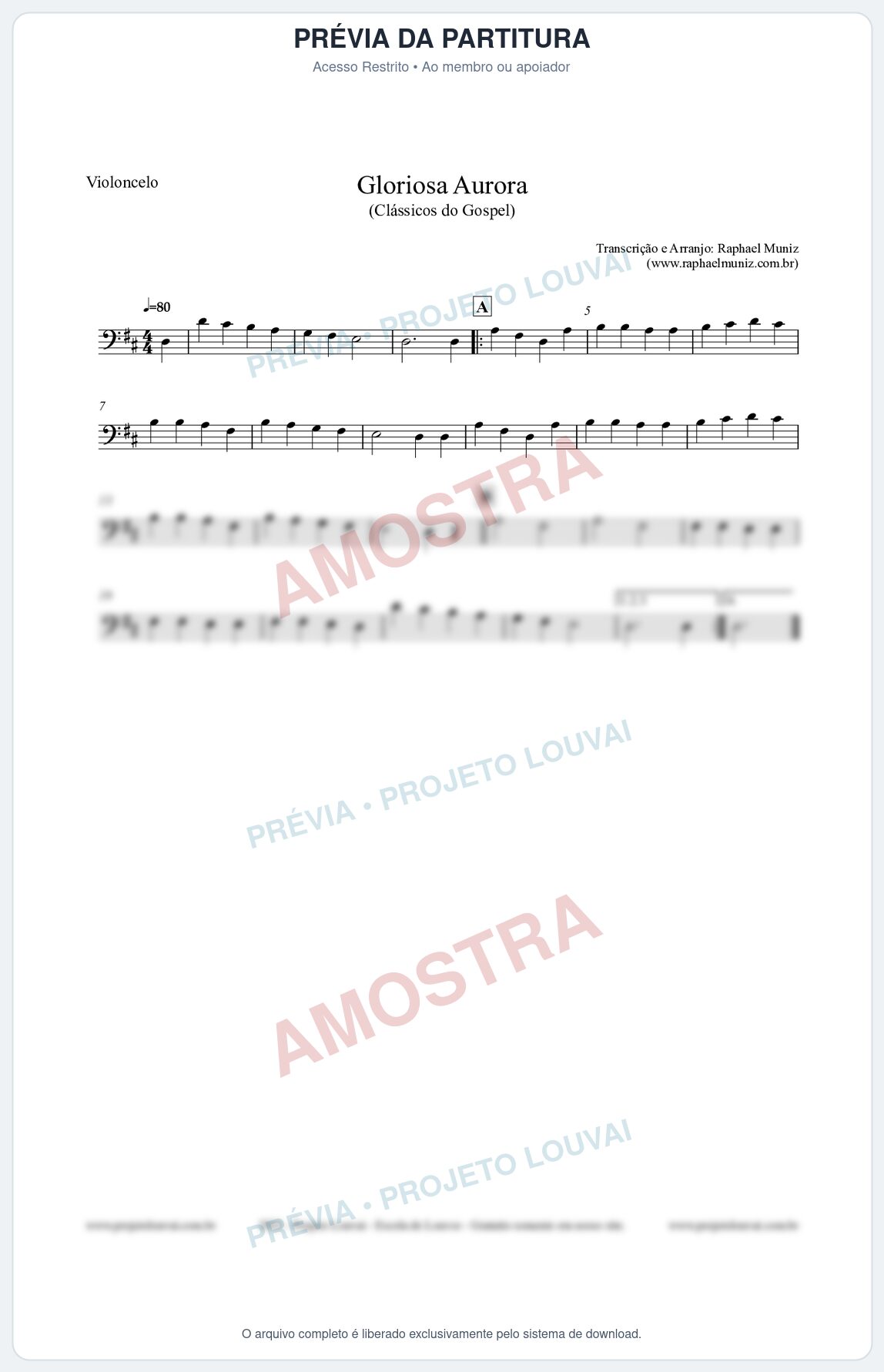 Prévia protegida da primeira página da partitura Partitura para Violoncelo - Gloriosa Aurora - Harpa Cristã nº21 - Clássicos do Gospel