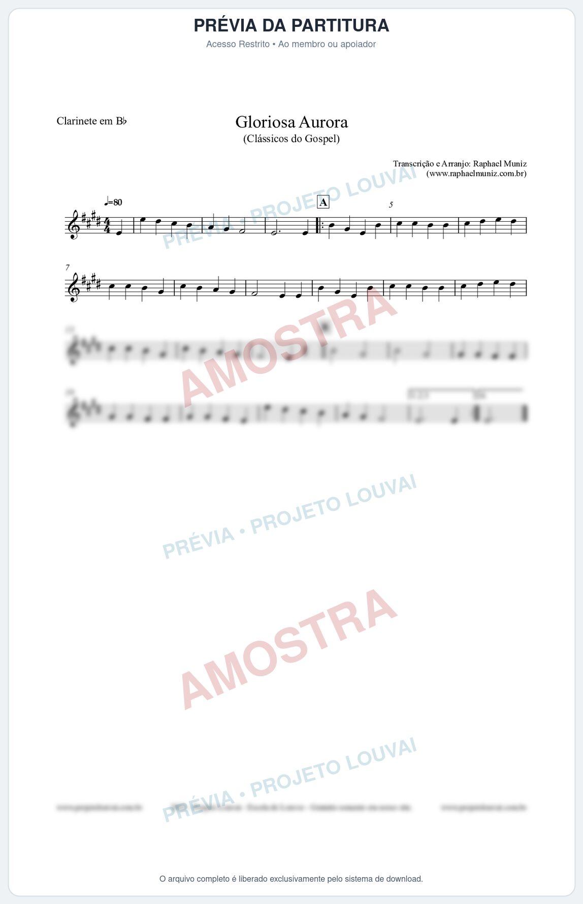 Prévia protegida da primeira página da partitura Partitura para Clarinete em Bb - Gloriosa Aurora - Harpa Cristã nº21 - Clássicos do Gospel
