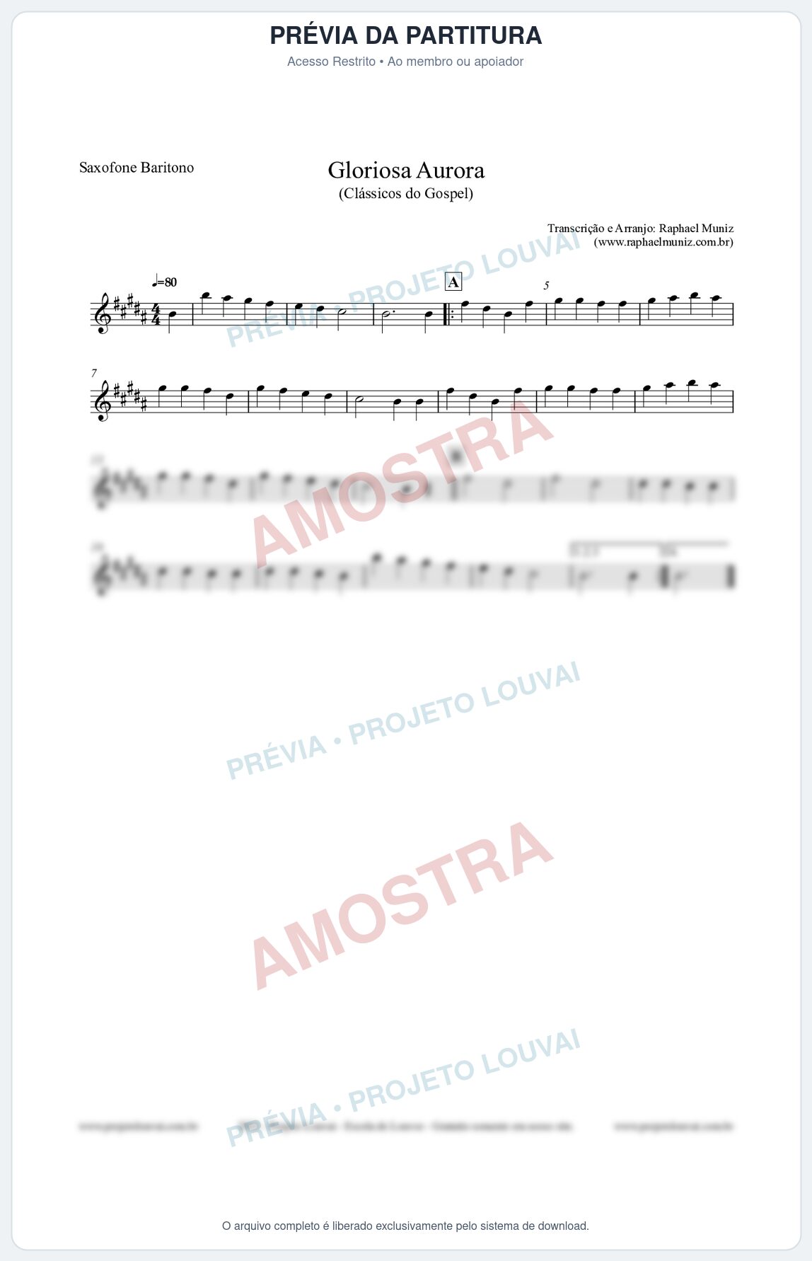Prévia protegida da primeira página da partitura Partitura para Saxofone Barítono - Gloriosa Aurora - Harpa Cristã nº21 - Clássicos do Gospel