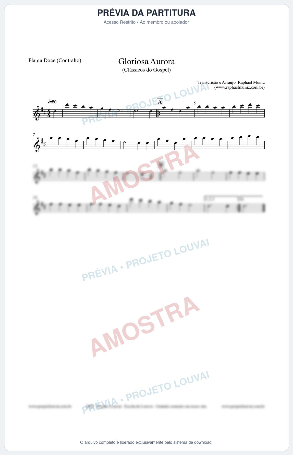 Prévia protegida da primeira página da partitura Partitura para Flauta Doce (Contralto) - Gloriosa Aurora - Harpa Cristã nº21 - Clássicos do Gospel